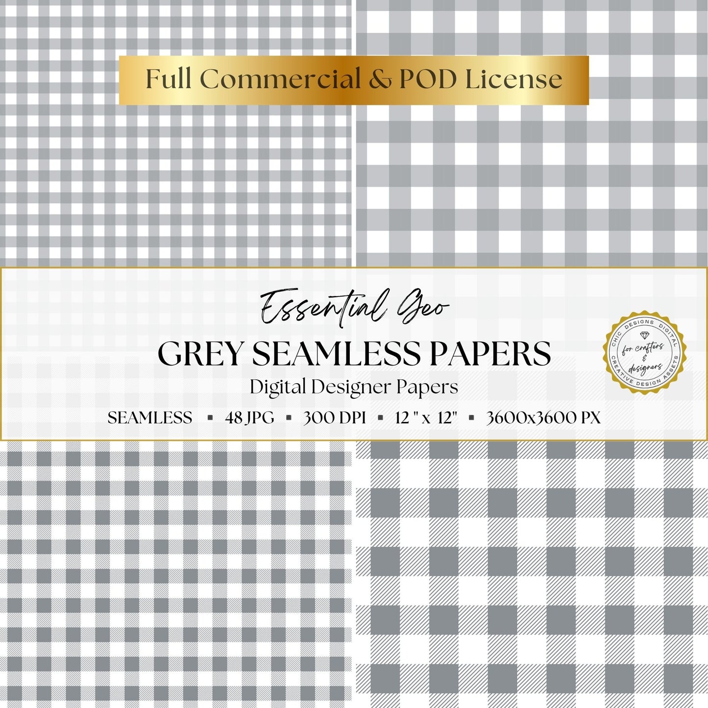 Grey and white gingham check seamless digital paper designs