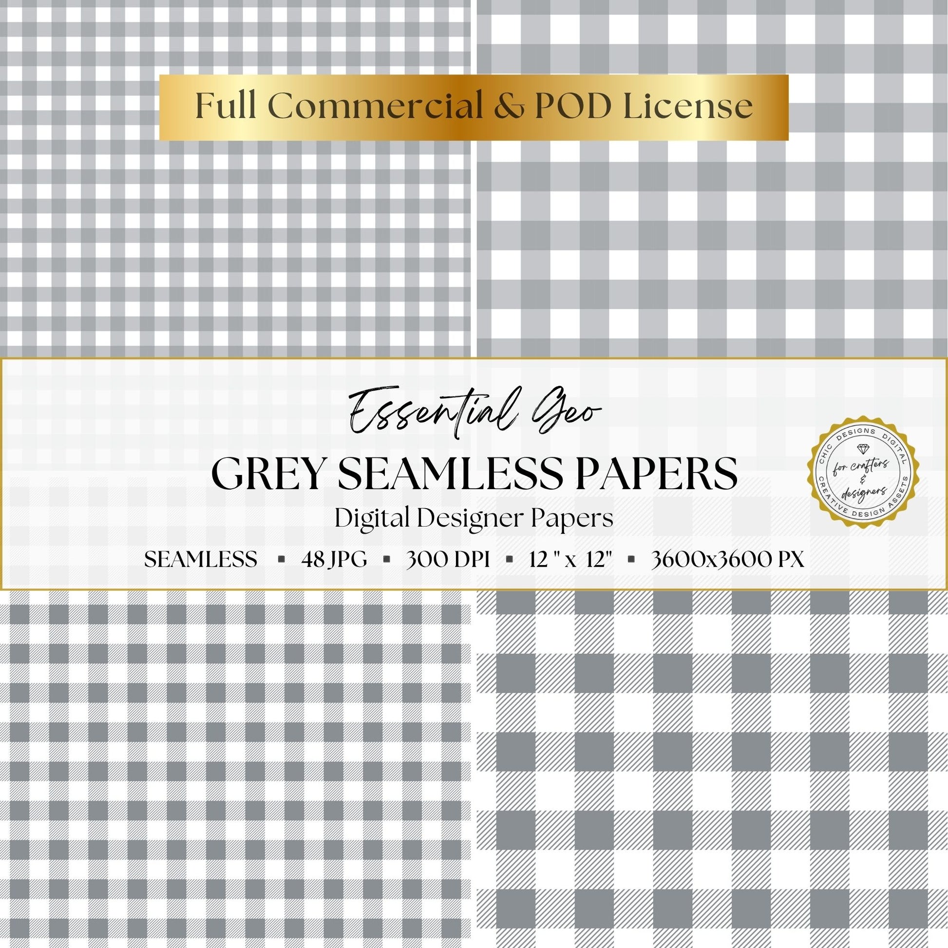 Grey and white gingham check seamless digital paper designs