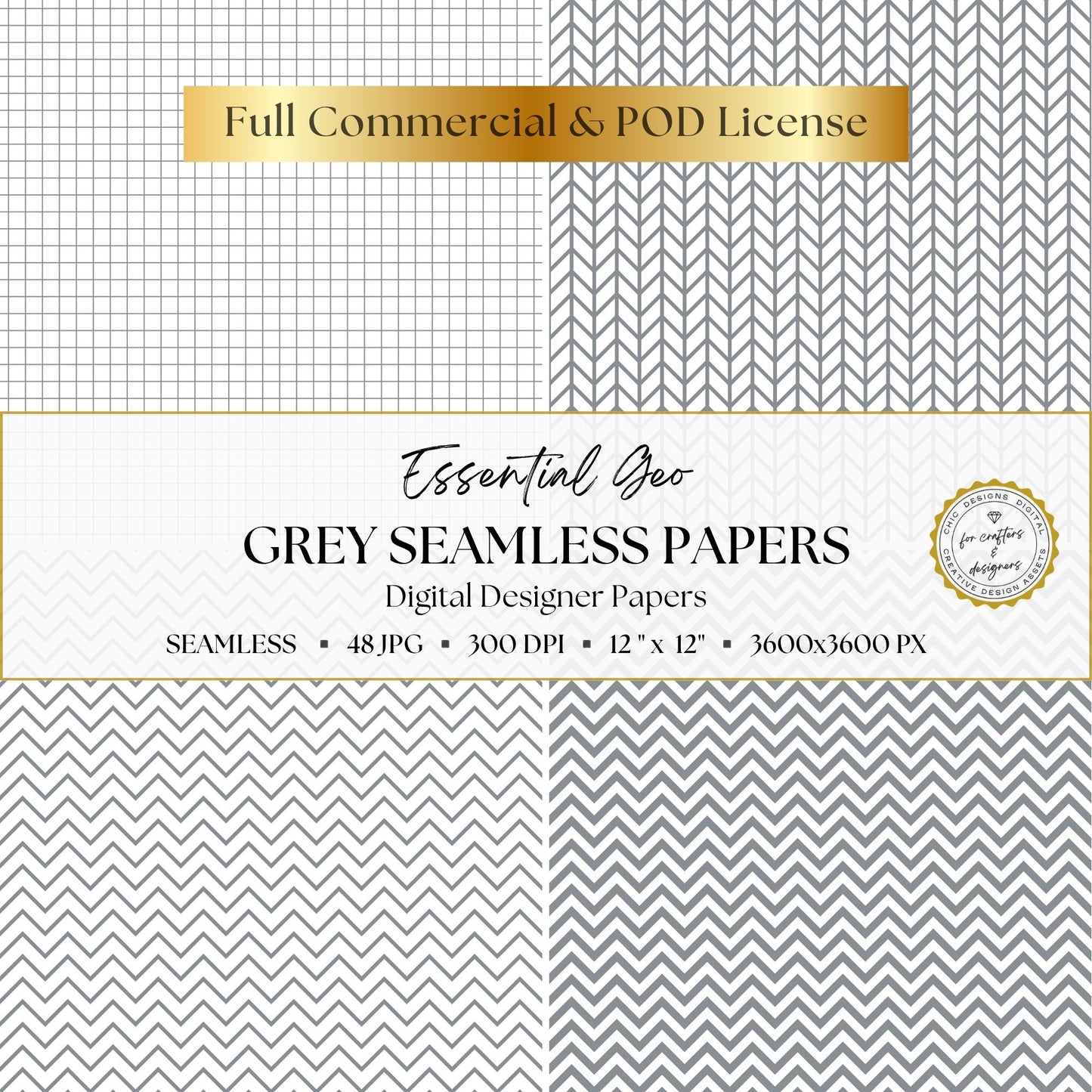 Grey grid and chevron seamless geometric digital paper patterns