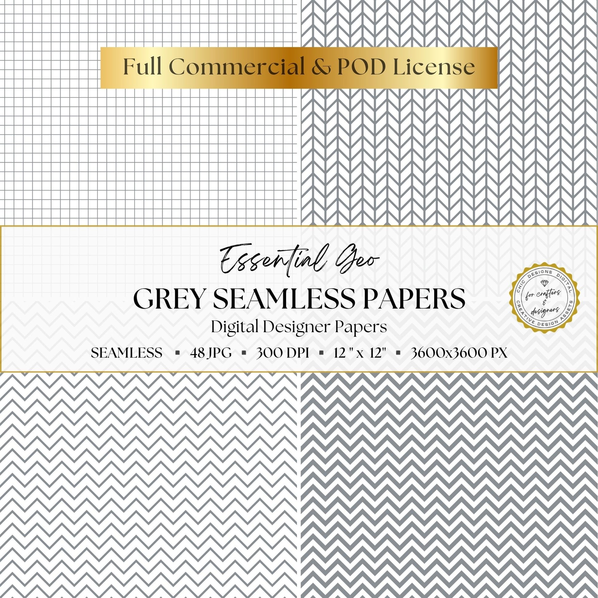 Grey grid and chevron seamless geometric digital paper patterns