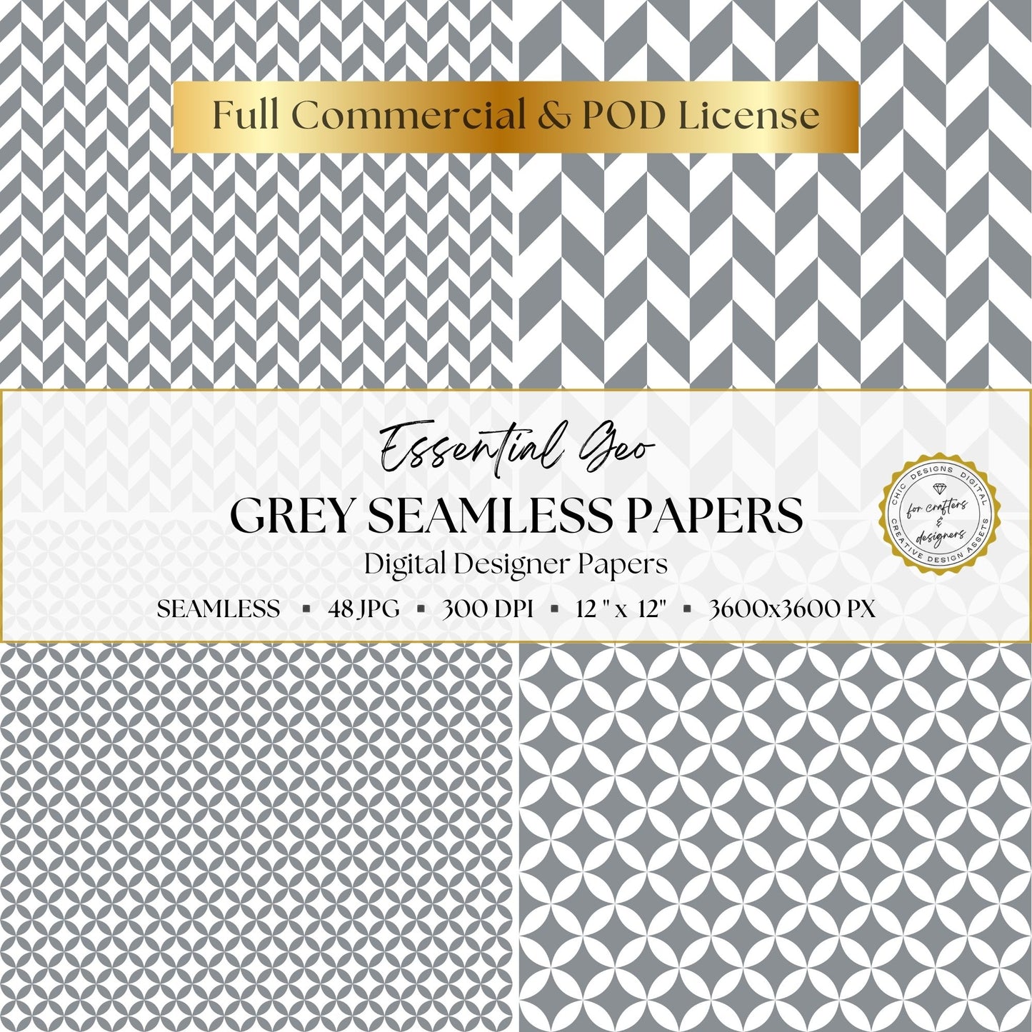 Grey chevron and circular geometric seamless digital paper designs