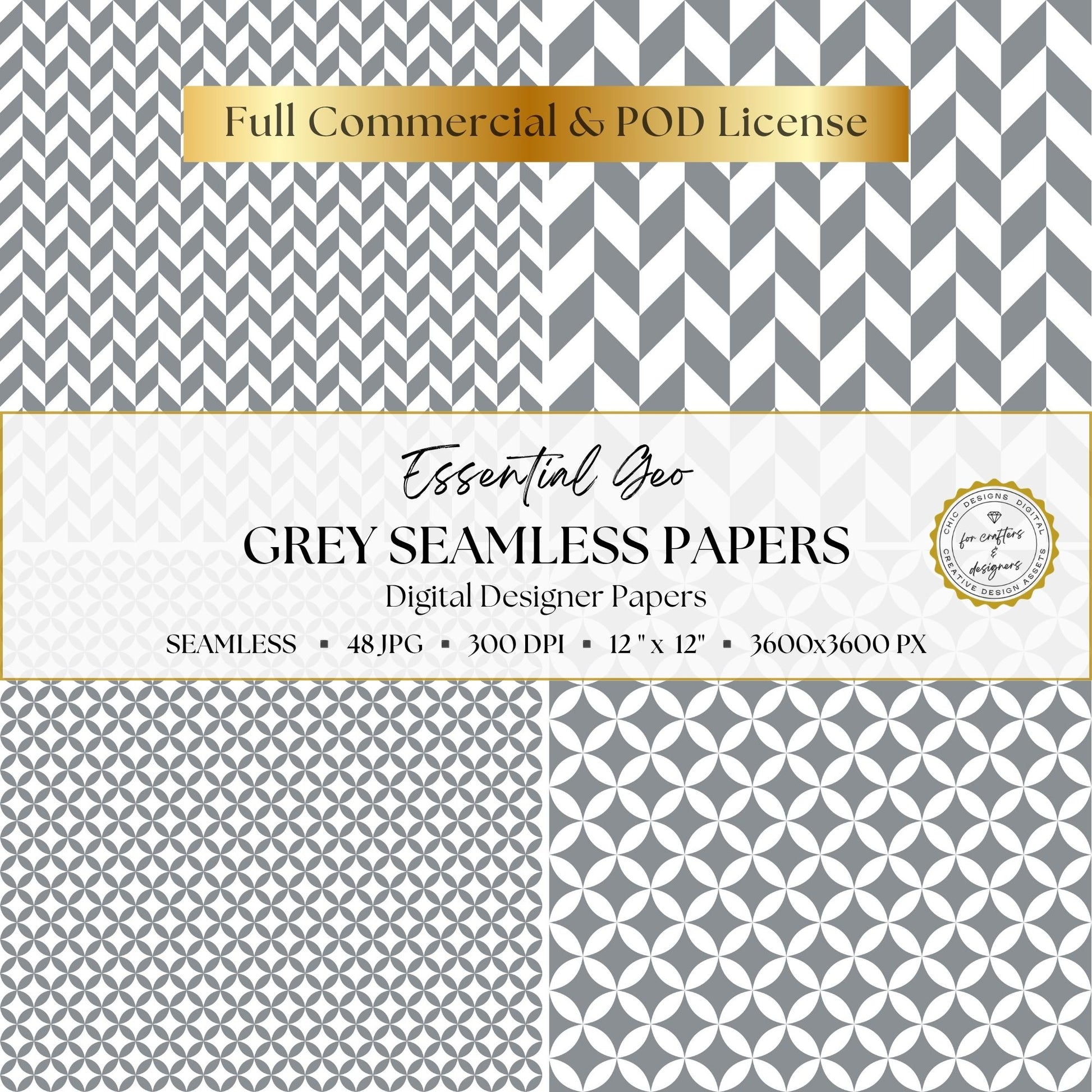 Grey chevron and circular geometric seamless digital paper designs