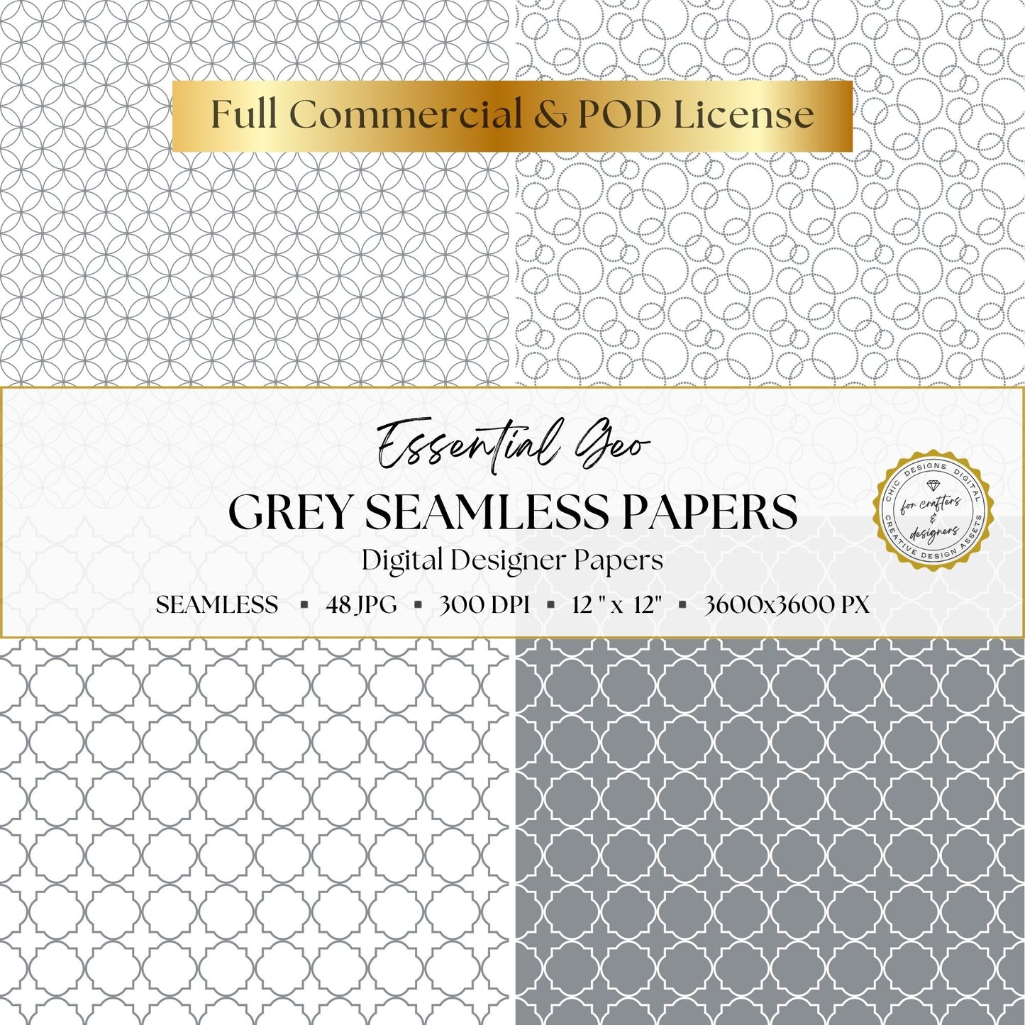 Grey circle lattice and quatrefoil seamless geometric digital paper patterns