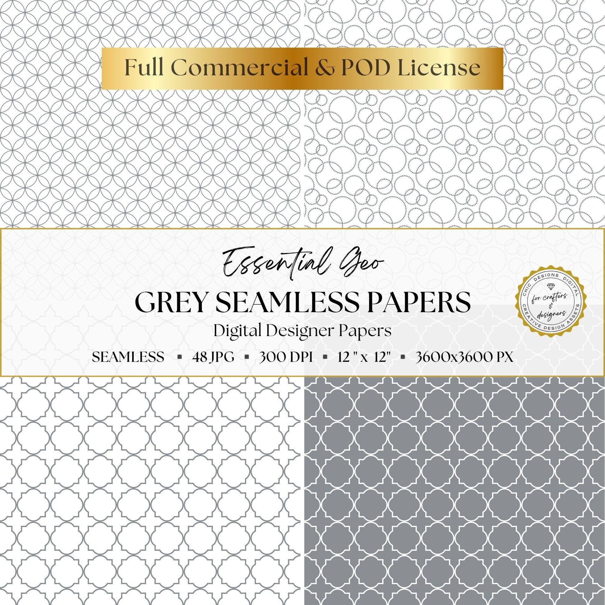 Grey circle lattice and quatrefoil seamless geometric digital paper patterns