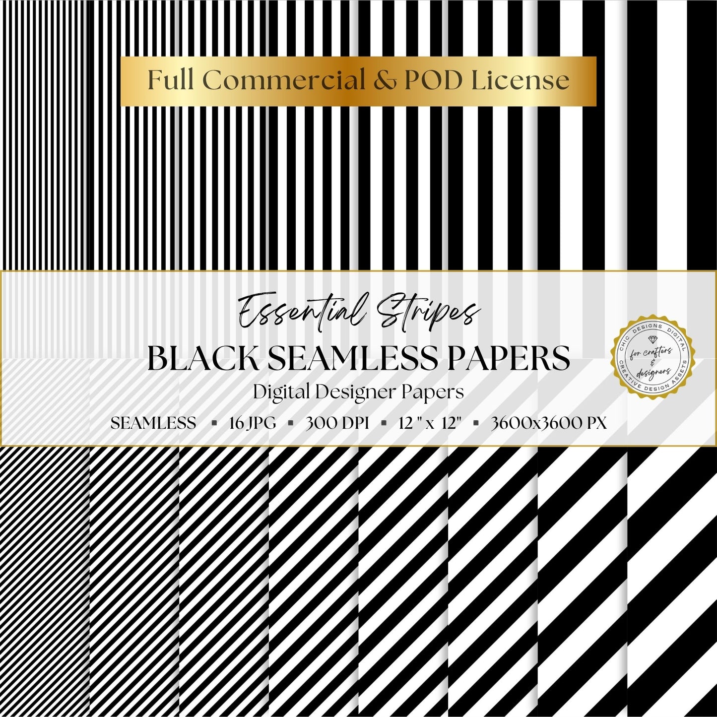 Black Essential Stripes digital paper pack cover showing 16 black and white seamless stripe patterns in straight and diagonal designs.