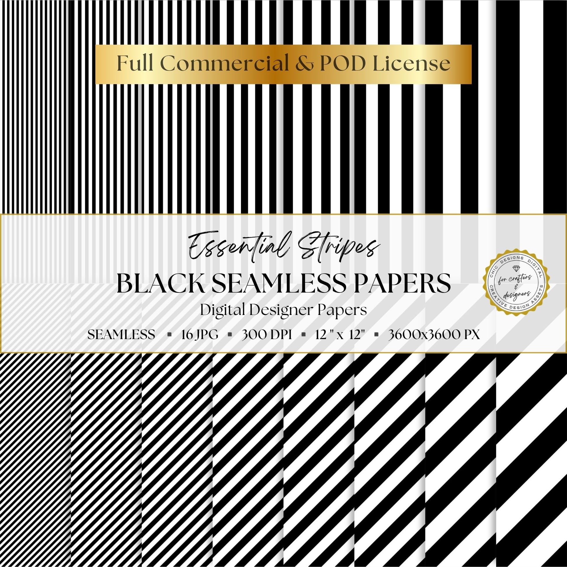Black Essential Stripes digital paper pack cover showing 16 black and white seamless stripe patterns in straight and diagonal designs.