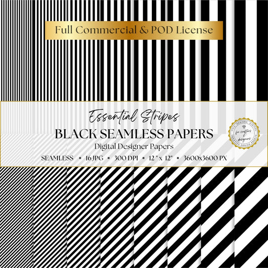 Black Essential Stripes digital paper pack cover showing 16 black and white seamless stripe patterns in straight and diagonal designs.