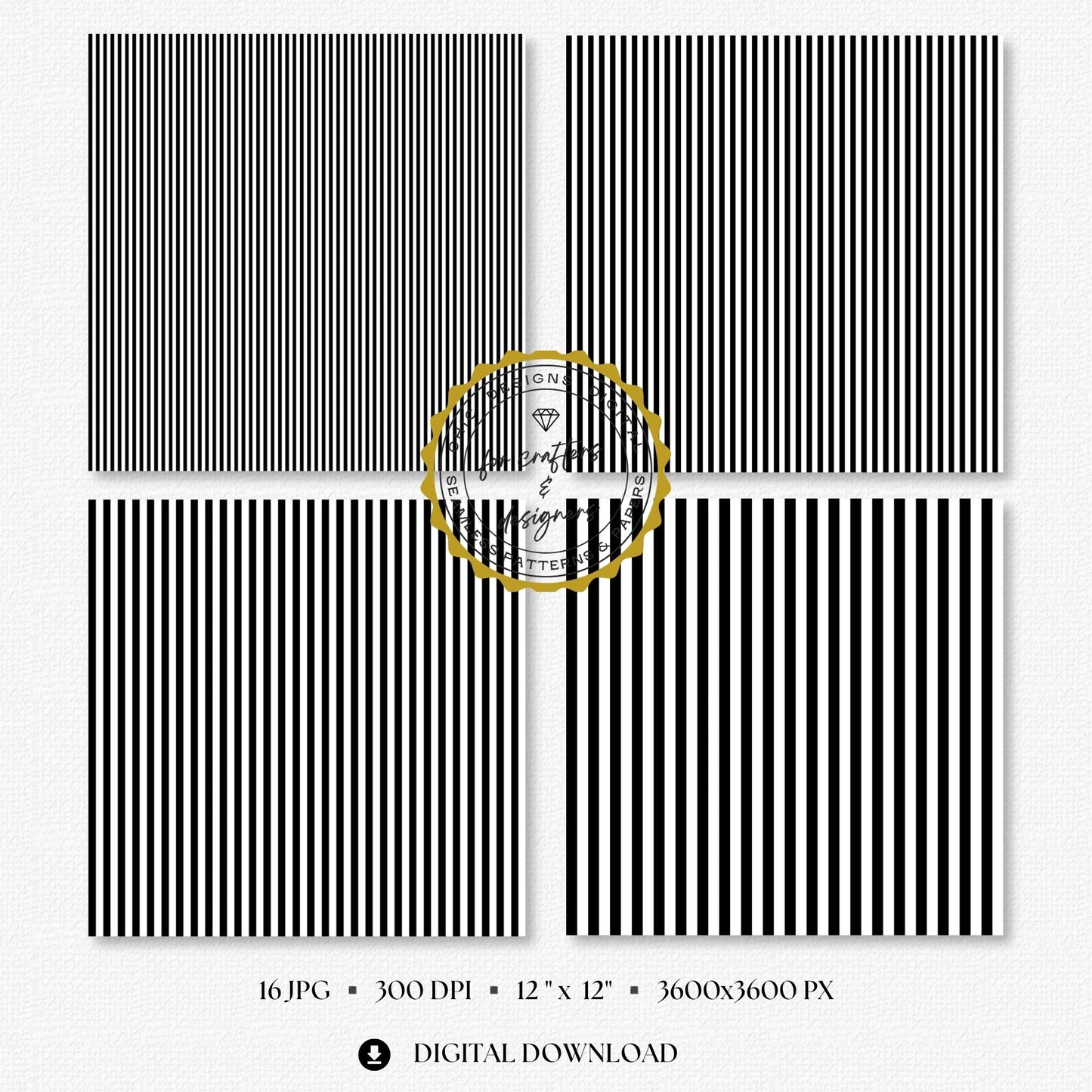 Four black and white fine stripe papers showing narrow straight vertical stripe variations.