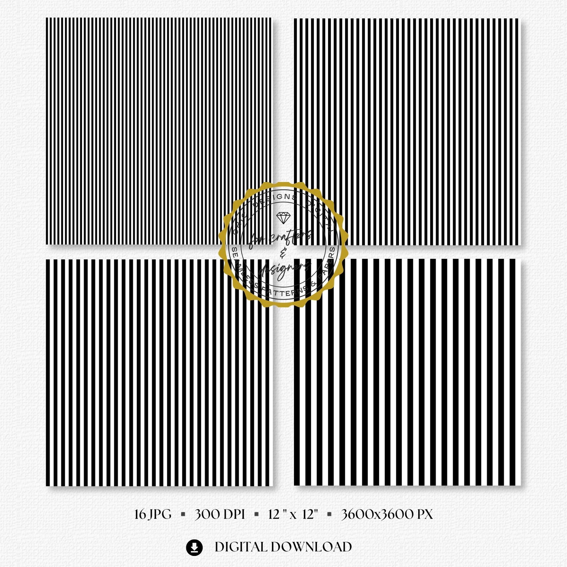 Four black and white fine stripe papers showing narrow straight vertical stripe variations.