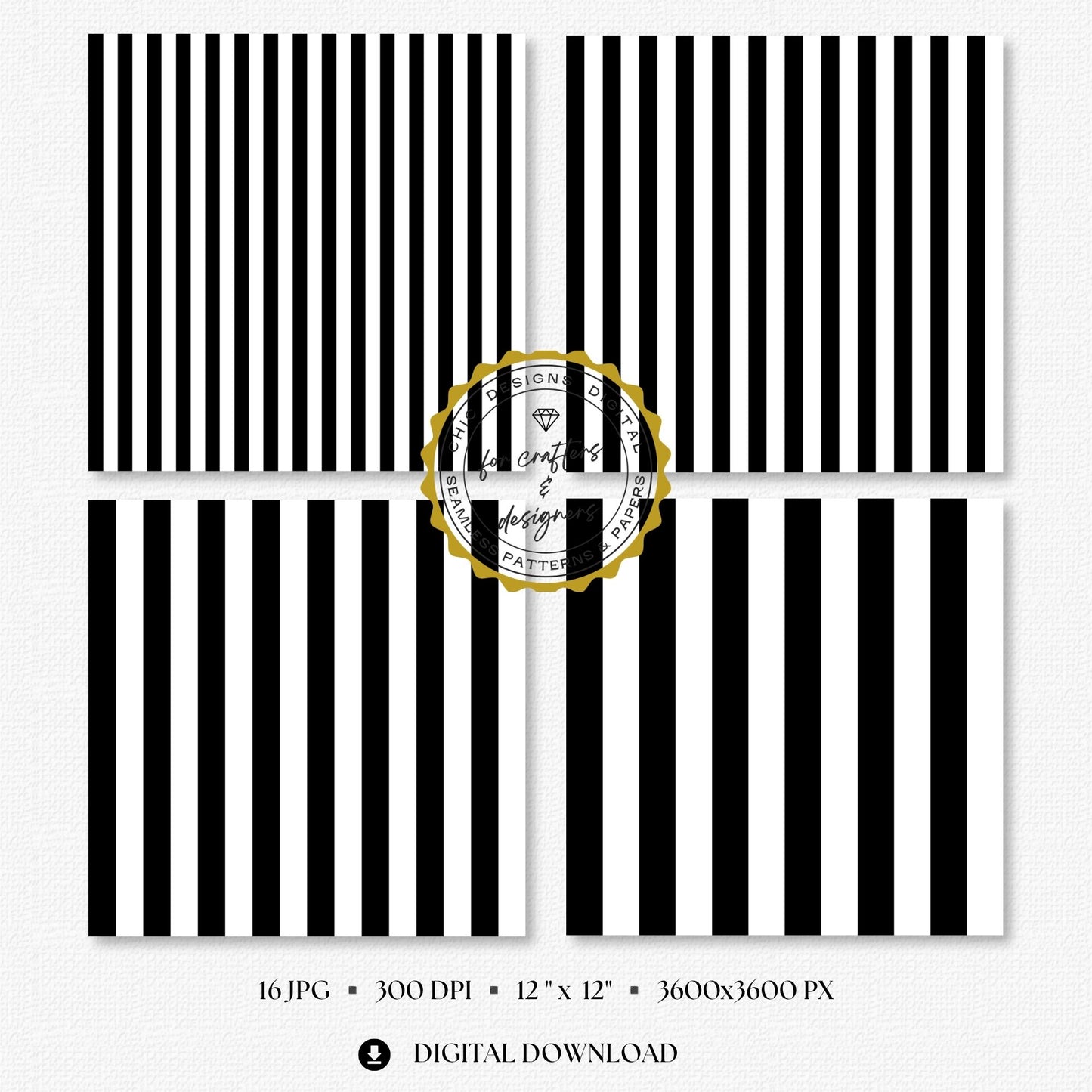 Four black and white stripe papers showing medium and wide straight vertical stripe variations.
