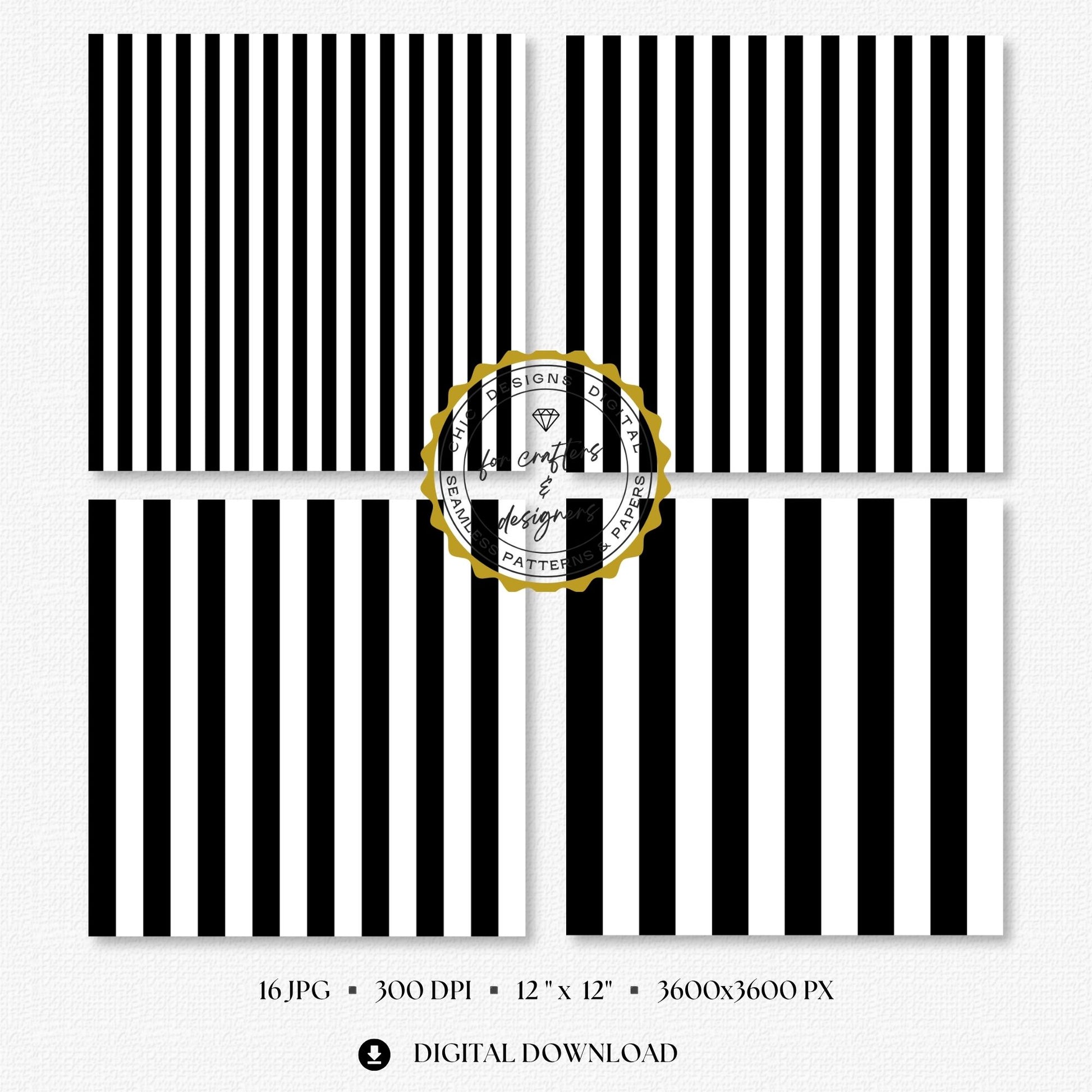 Four black and white stripe papers showing medium and wide straight vertical stripe variations.
