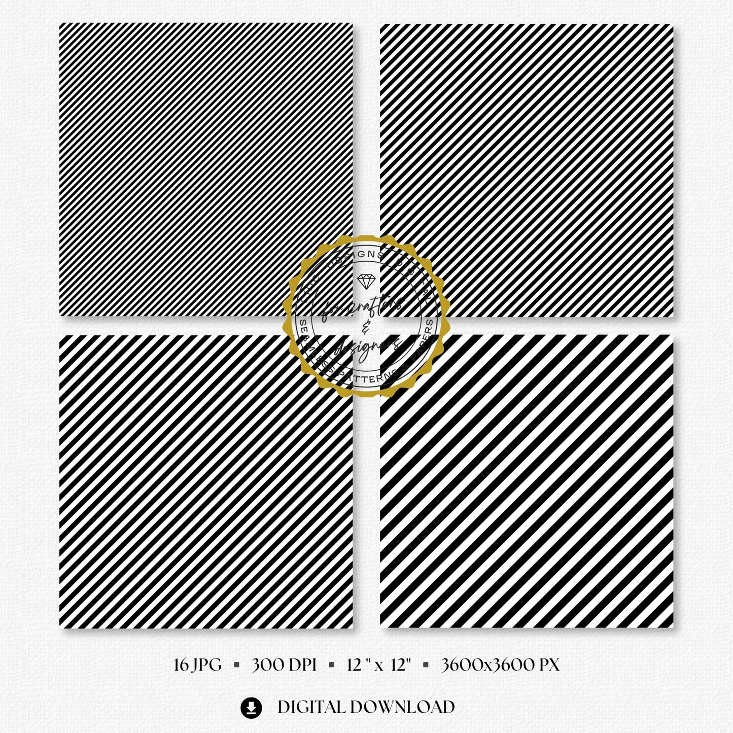 Four black and white fine stripe papers showing narrow diagonal stripe variations.