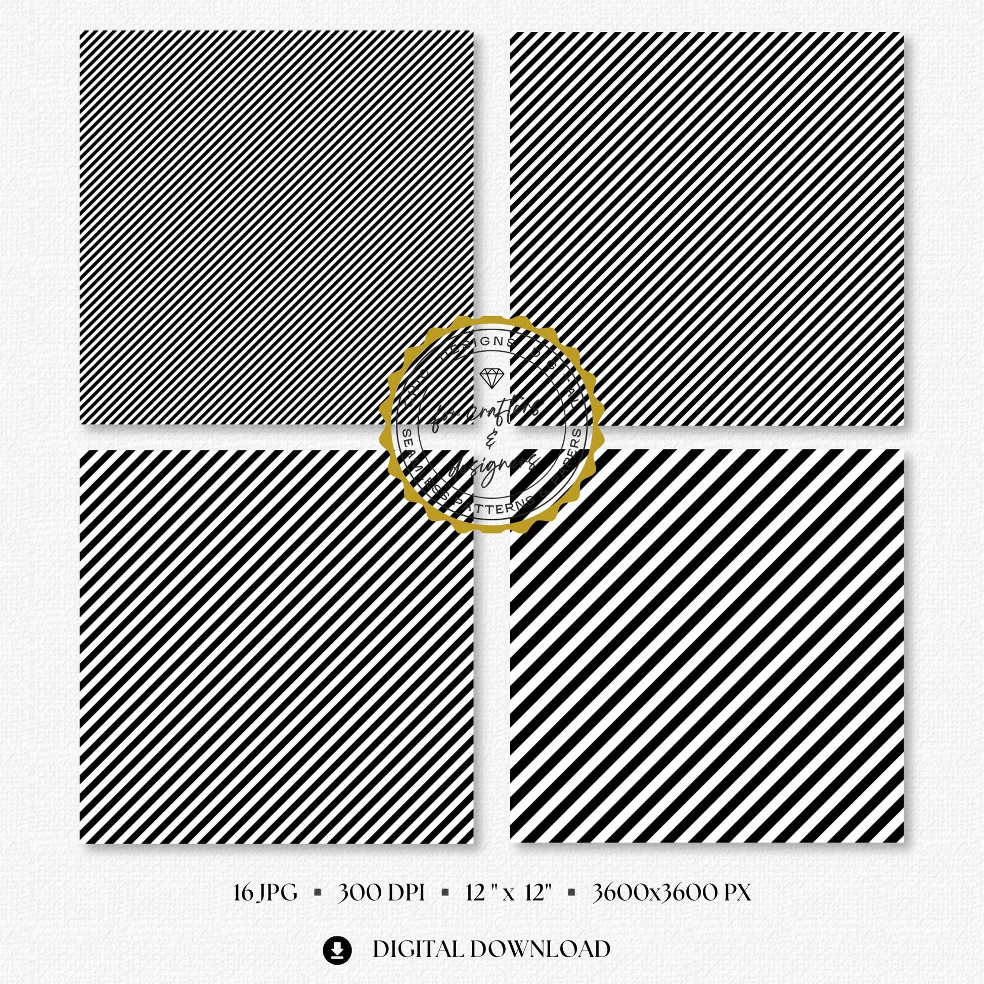 Four black and white fine stripe papers showing narrow diagonal stripe variations.