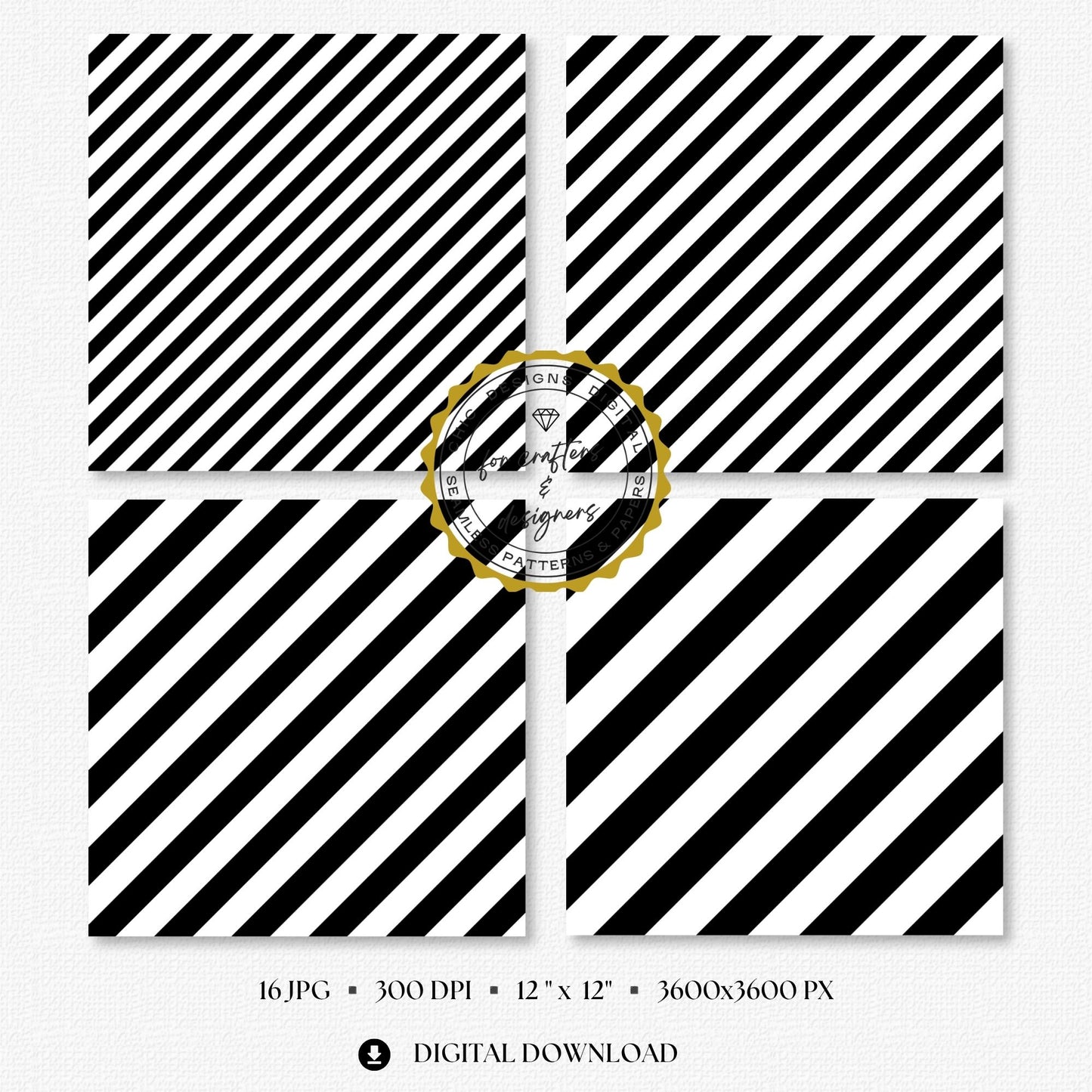 Four black and white stripe papers showing medium and wide diagonal stripe variations.