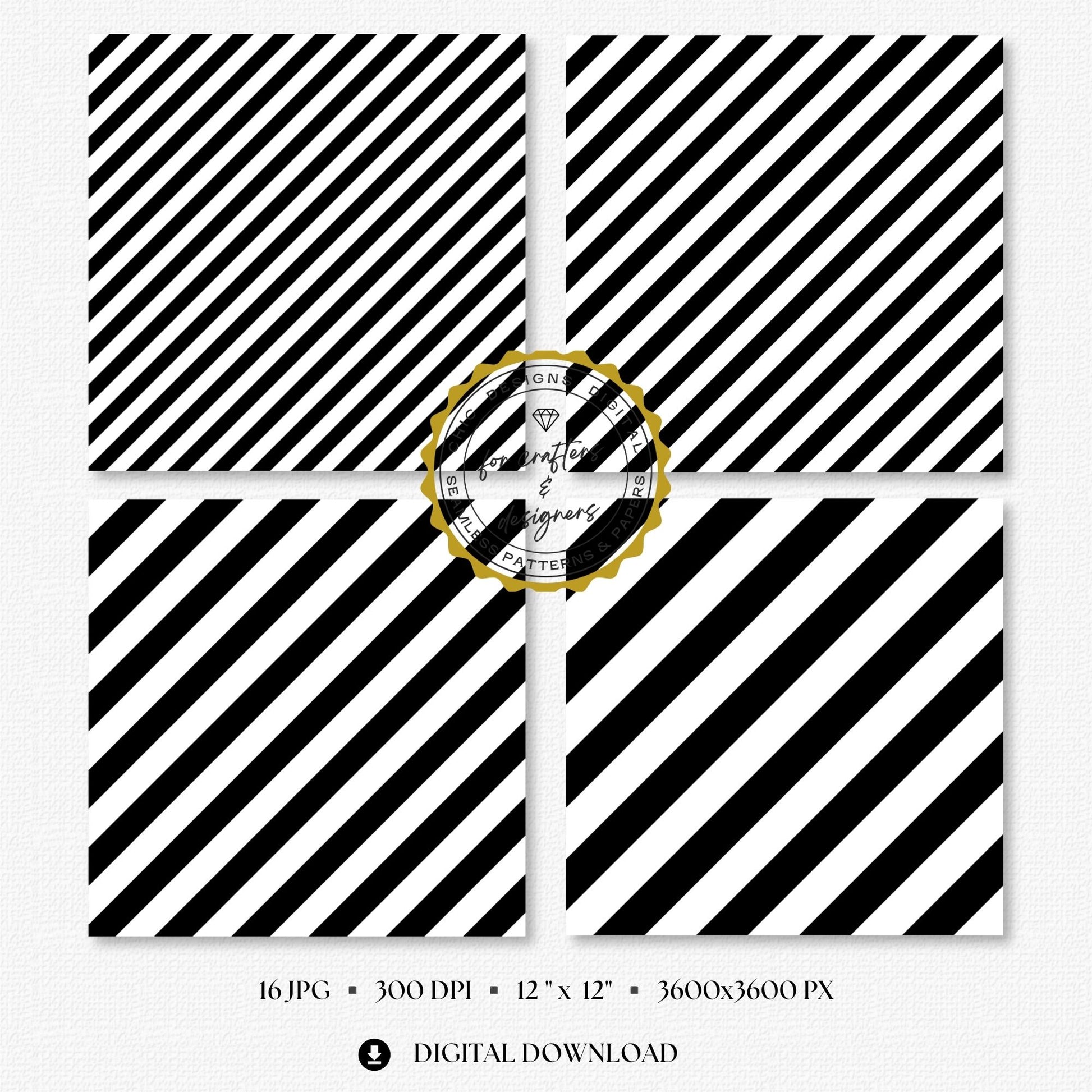 Four black and white stripe papers showing medium and wide diagonal stripe variations.