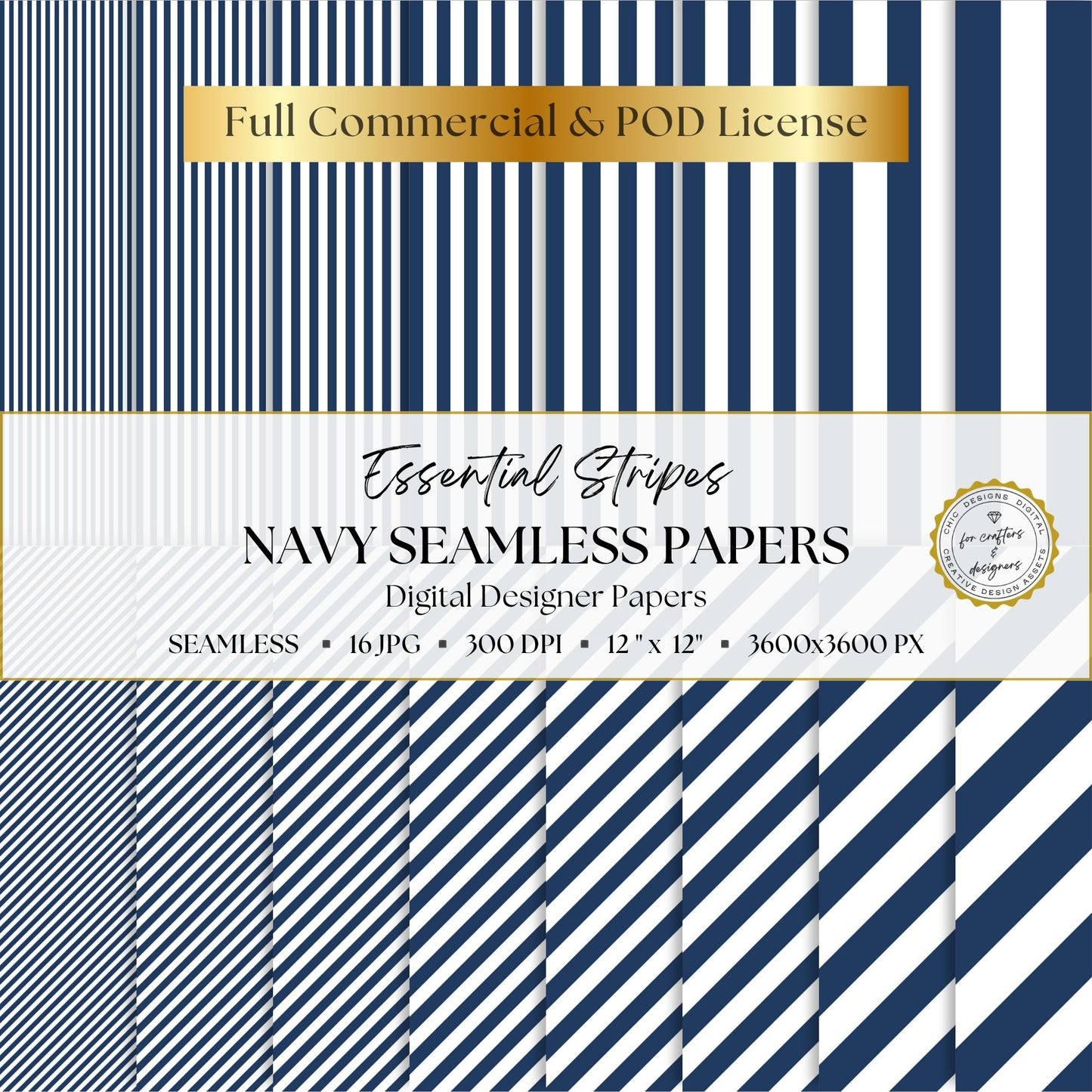 Navy Essential Stripes digital paper pack cover showing 16 navy and white seamless stripe patterns in straight and diagonal designs.