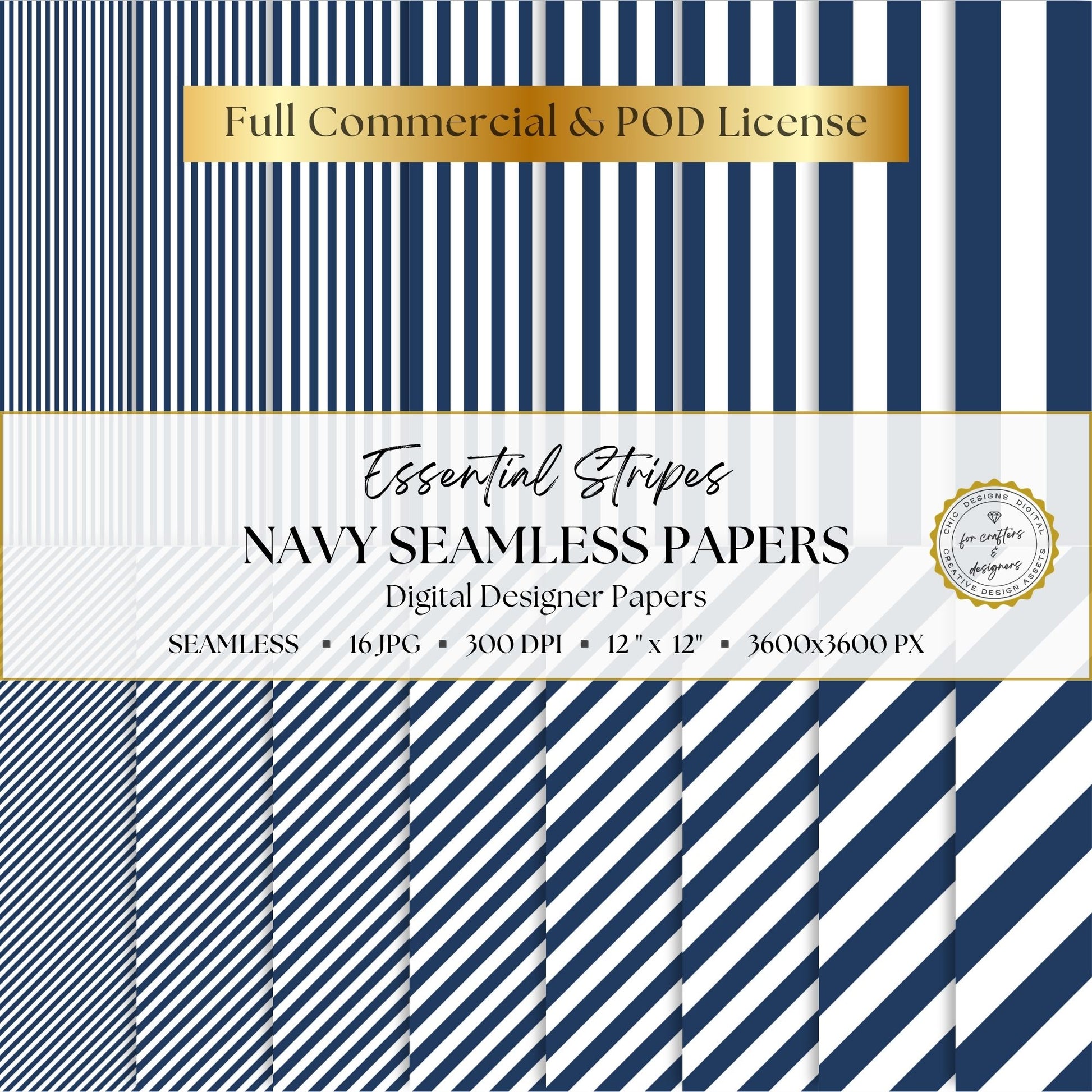 Navy Essential Stripes digital paper pack cover showing 16 navy and white seamless stripe patterns in straight and diagonal designs.