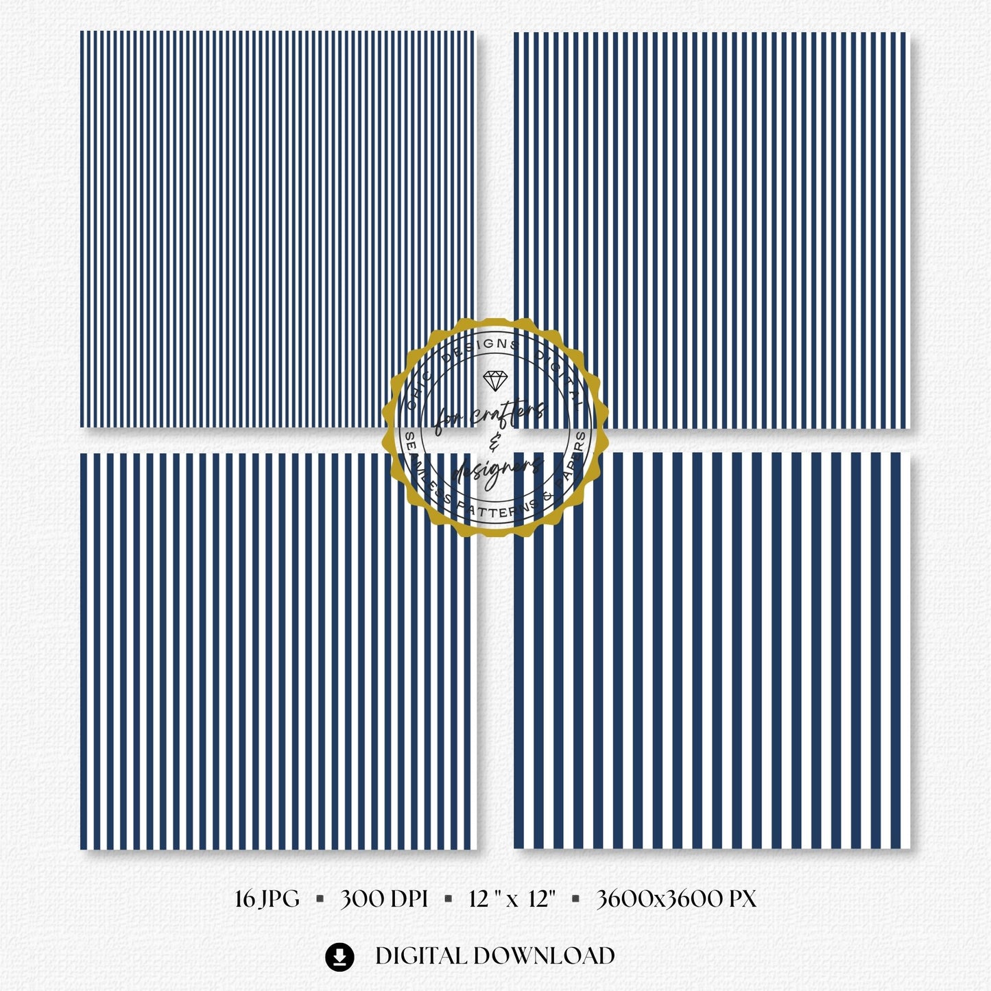 Four navy and white fine stripe papers showing narrow straight vertical stripe variations.