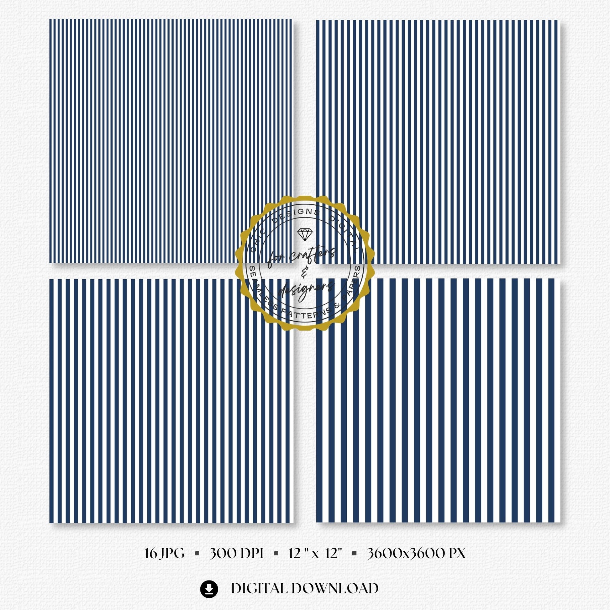 Four navy and white fine stripe papers showing narrow straight vertical stripe variations.