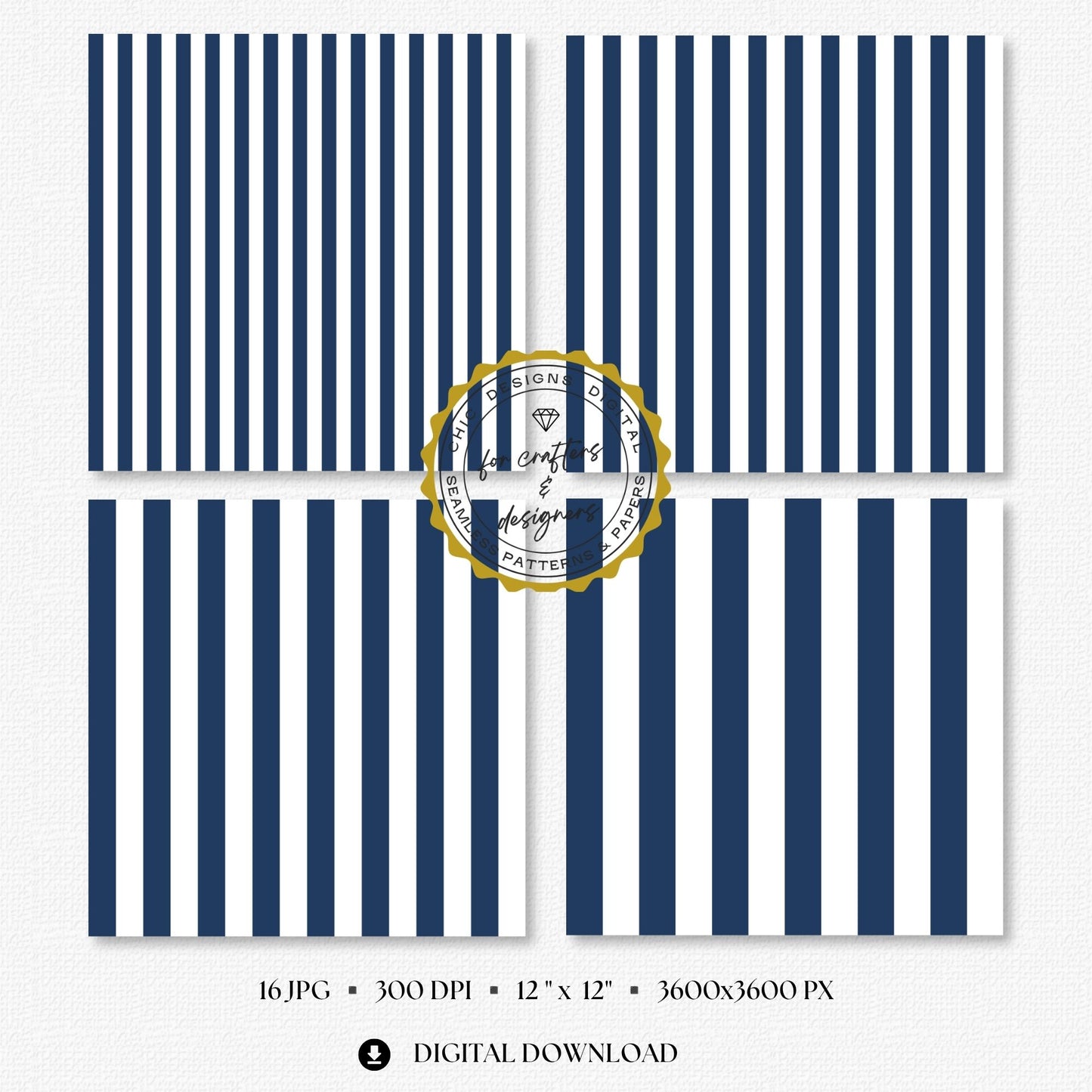 Four navy and white stripe papers showing medium and wide straight vertical stripe variations.
