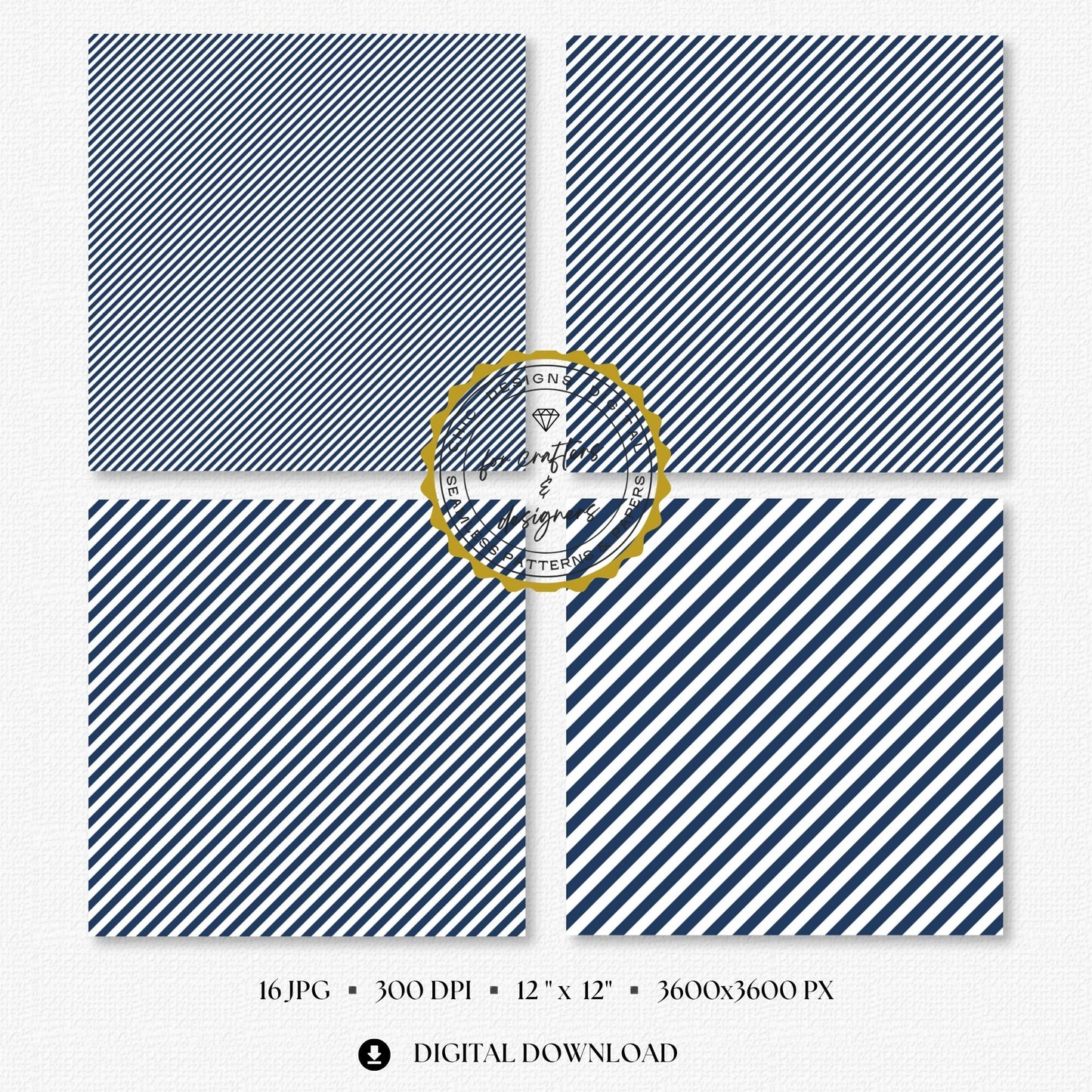 Four navy and white fine stripe papers showing narrow diagonal stripe variations.