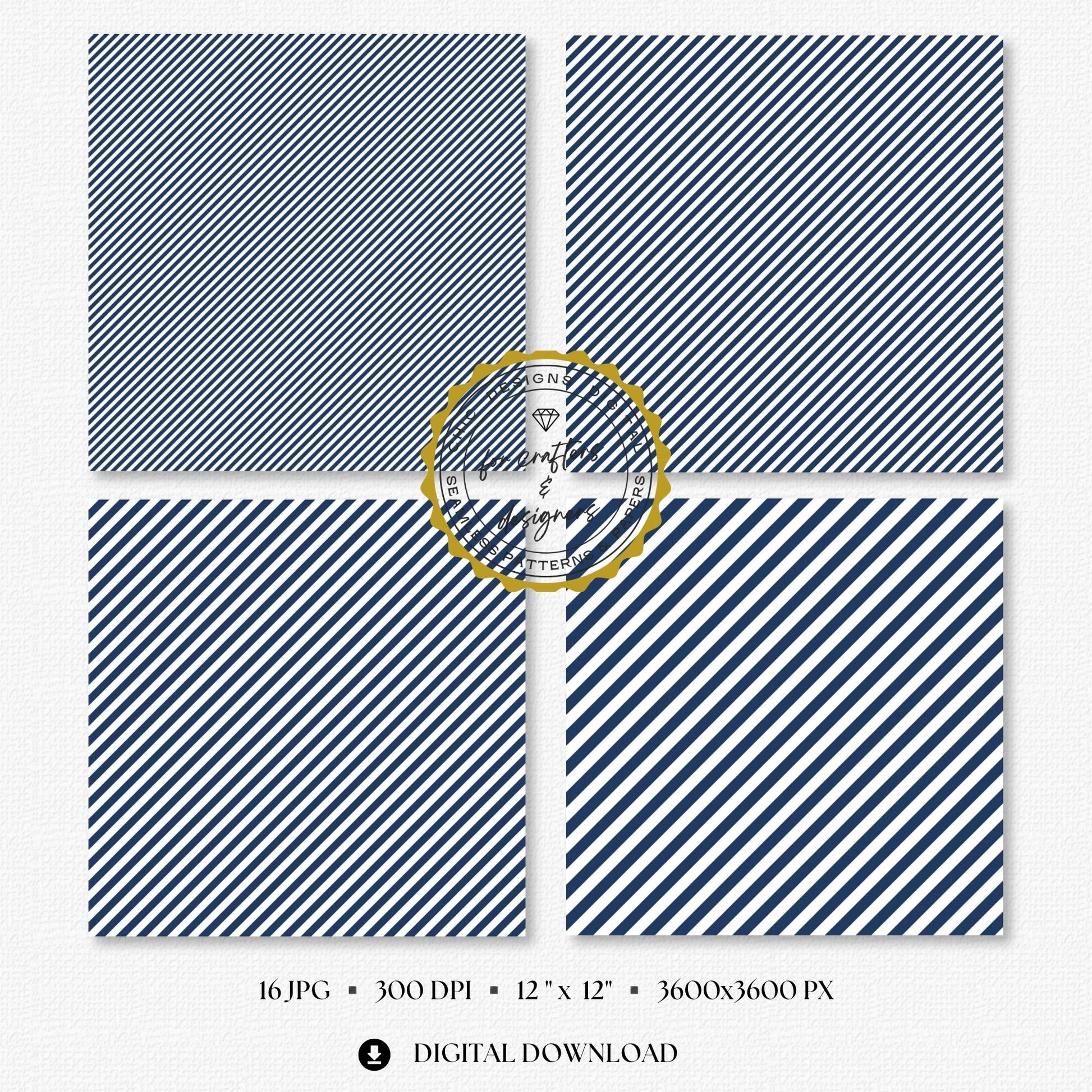 Four navy and white fine stripe papers showing narrow diagonal stripe variations.