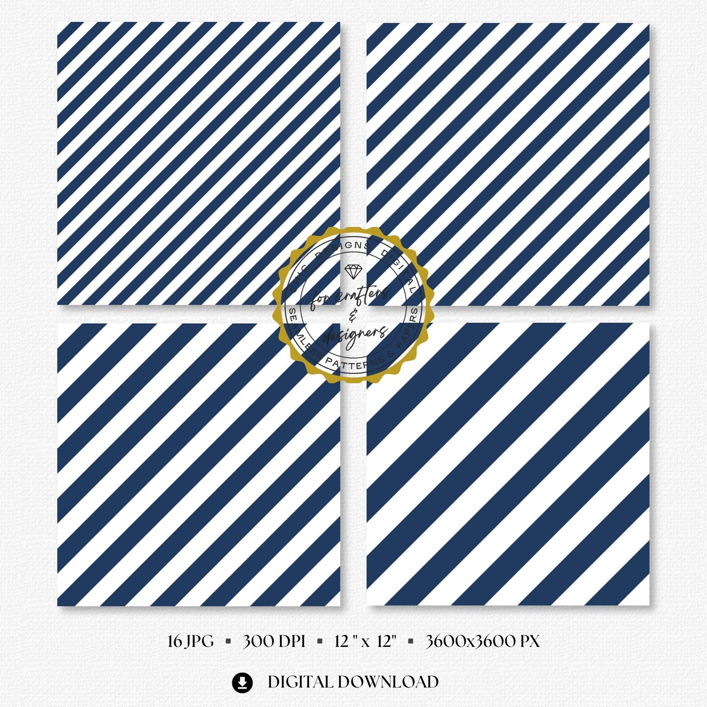 Four navy and white stripe papers showing medium and wide diagonal stripe variations.