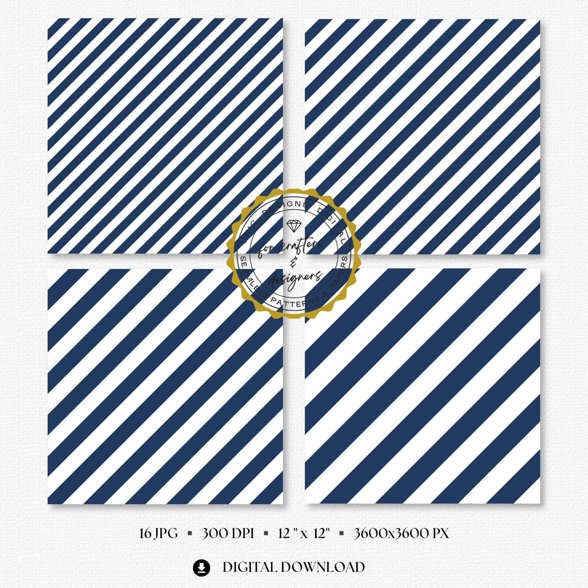 Four navy and white stripe papers showing medium and wide diagonal stripe variations.