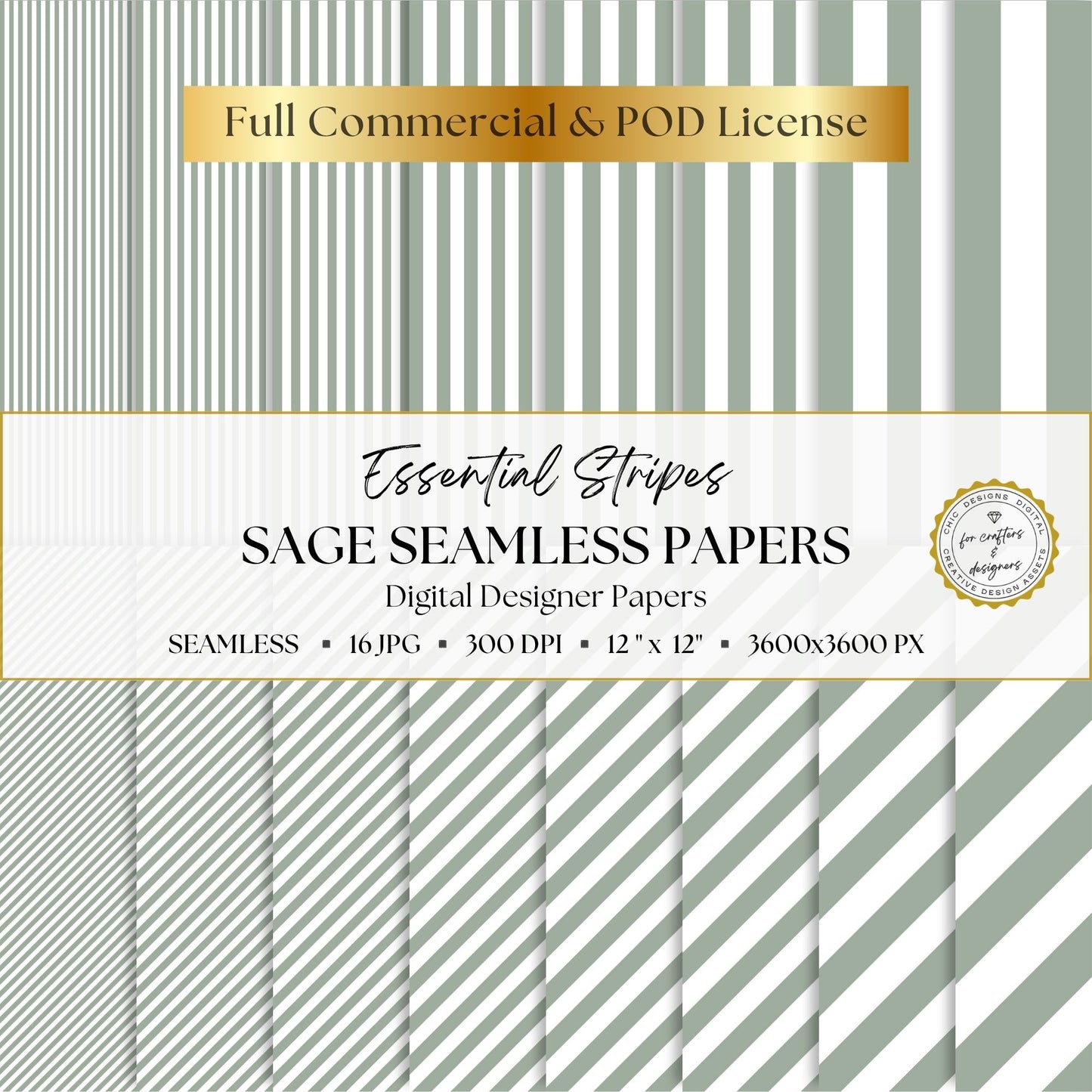 Sage Green Essential Stripes digital paper pack cover showing 16 sage and white seamless stripe patterns in straight and diagonal designs.