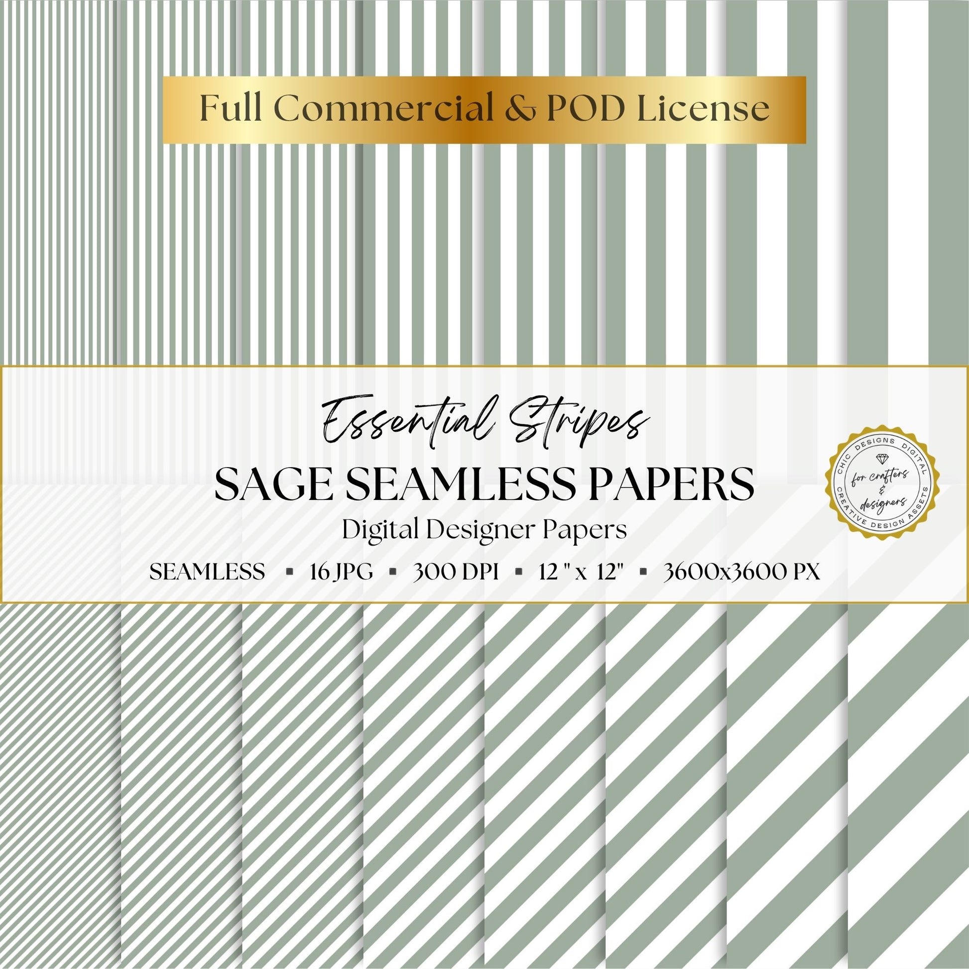 Sage Green Essential Stripes digital paper pack cover showing 16 sage and white seamless stripe patterns in straight and diagonal designs.