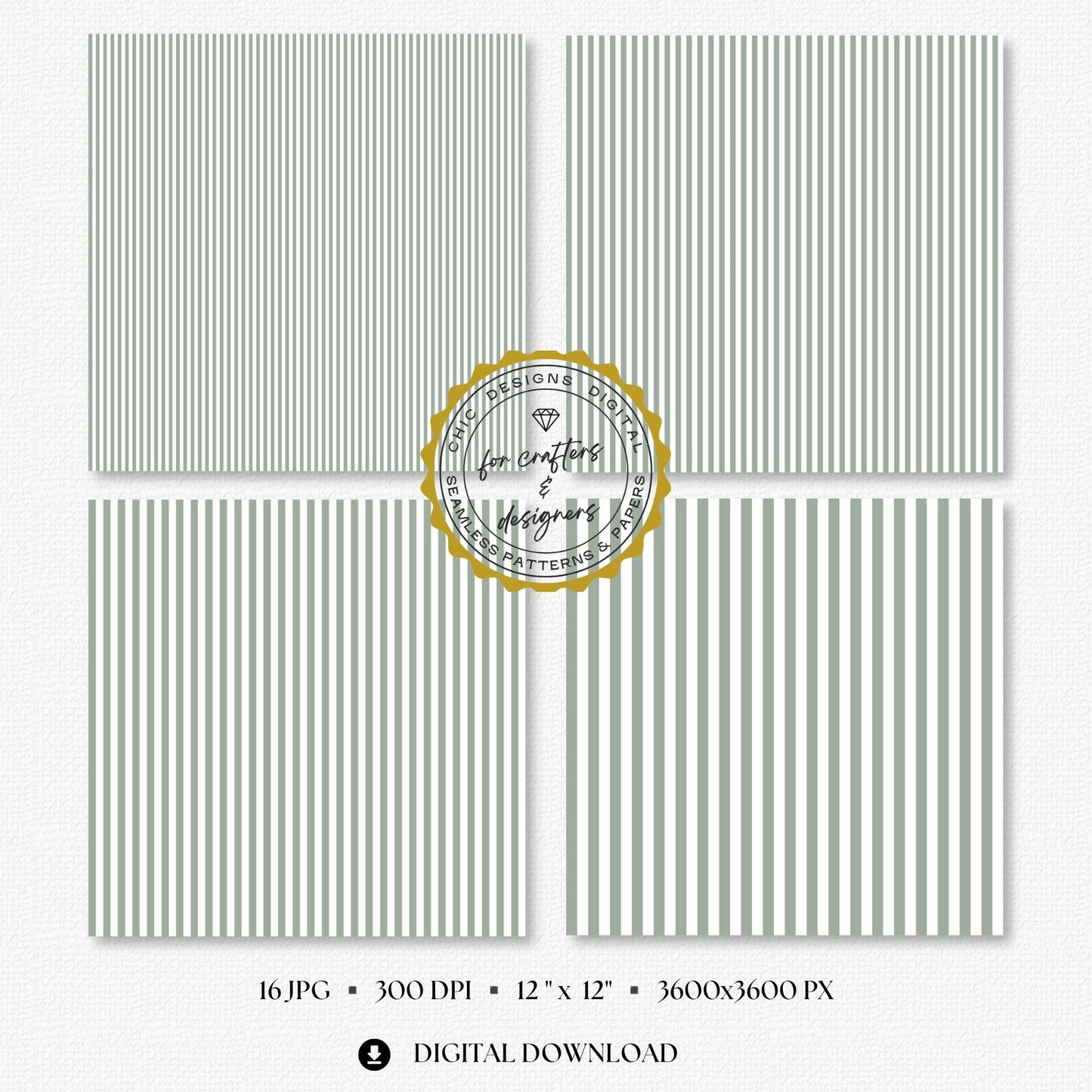 Four sage green and white fine stripe papers showing narrow straight vertical stripe variations.