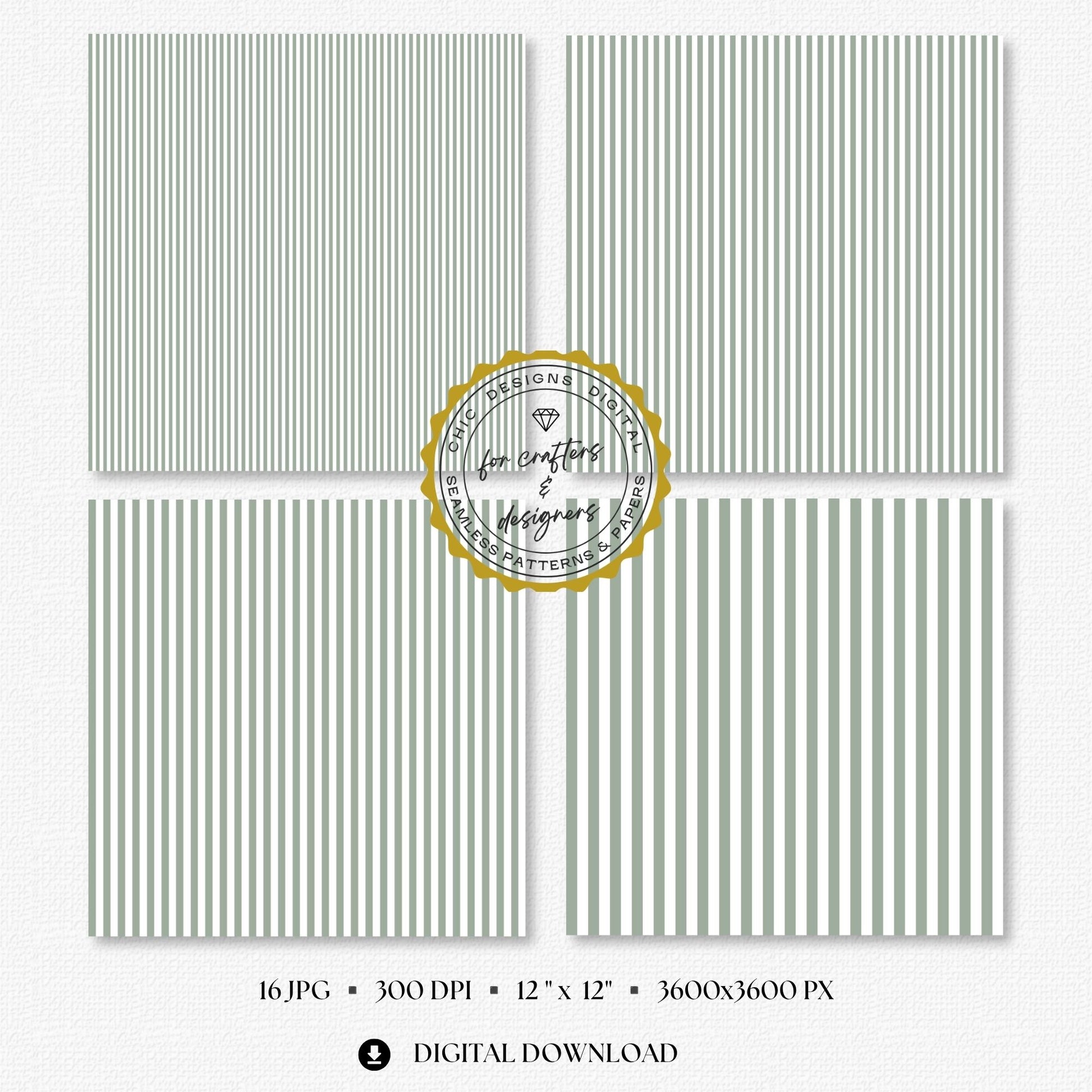 Four sage green and white fine stripe papers showing narrow straight vertical stripe variations.