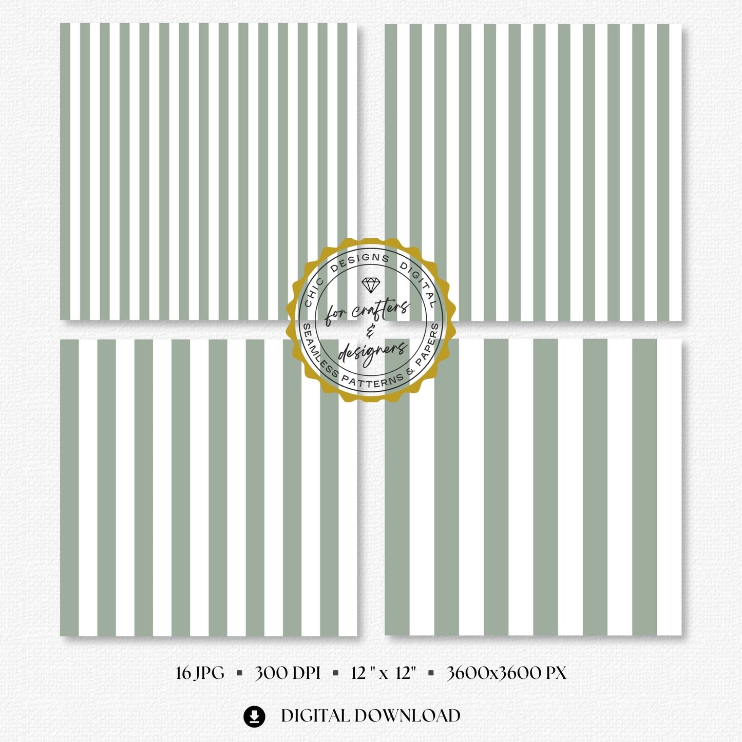 Four sage green and white stripe papers showing medium and wide straight vertical stripe variations.