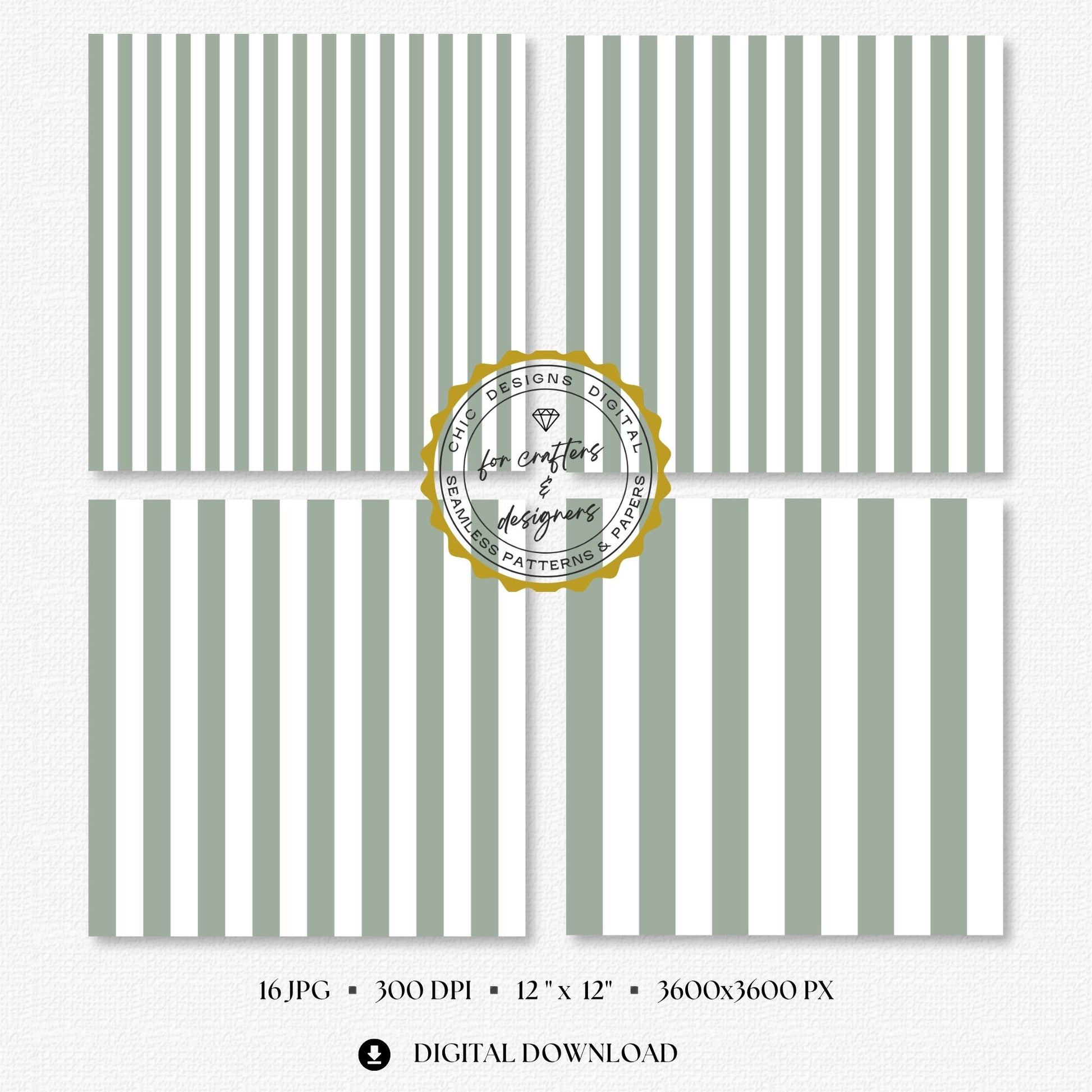Four sage green and white stripe papers showing medium and wide straight vertical stripe variations.