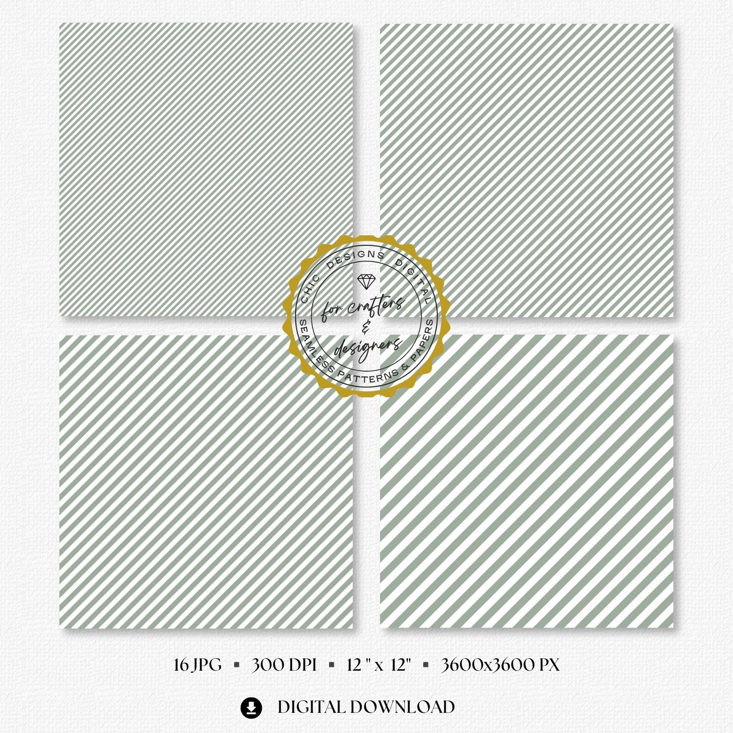 Four sage green and white fine stripe papers showing narrow diagonal stripe variations.