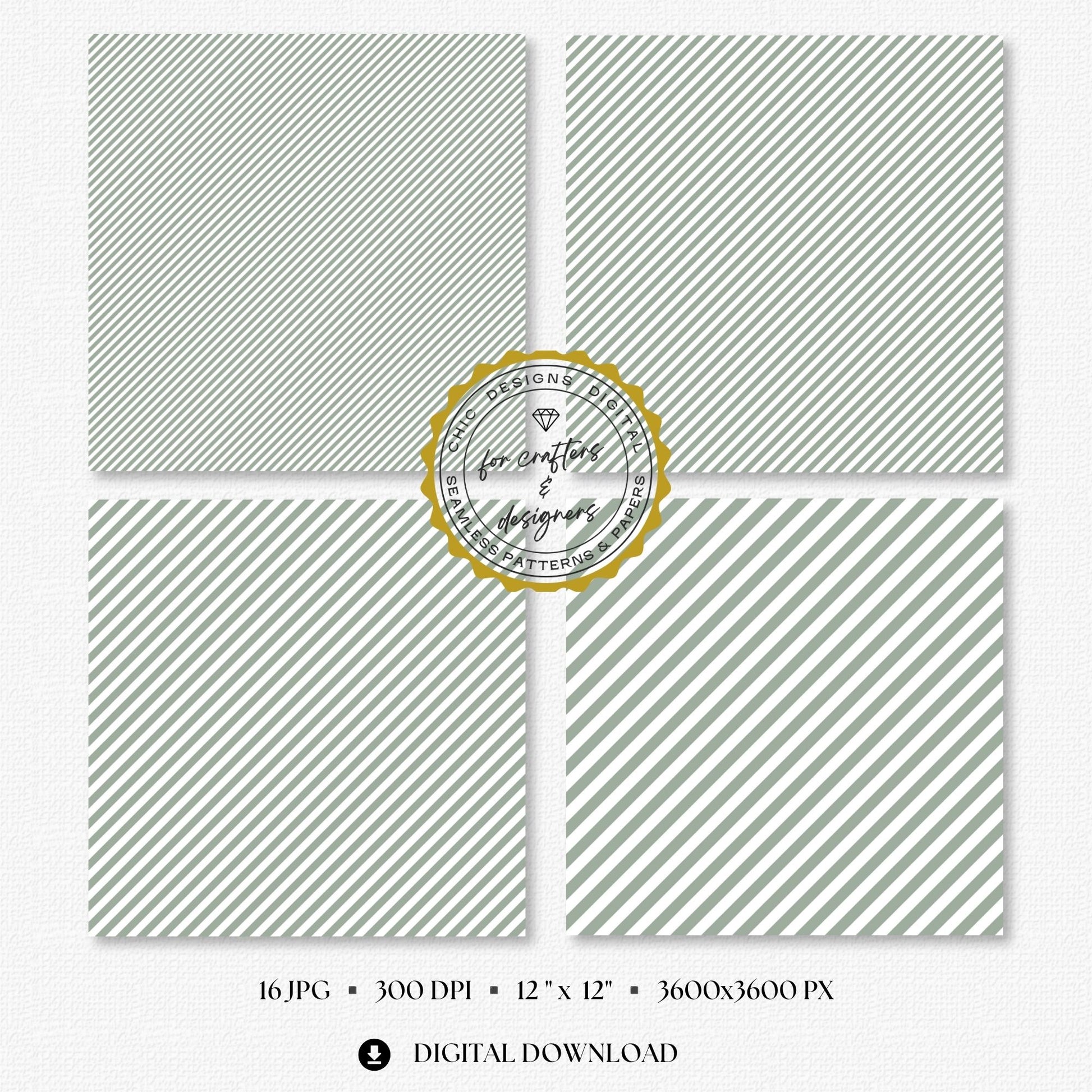 Four sage green and white fine stripe papers showing narrow diagonal stripe variations.