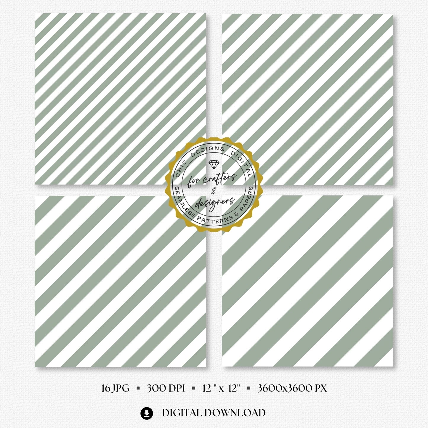 Four sage green and white stripe papers showing medium and wide diagonal stripe variations.