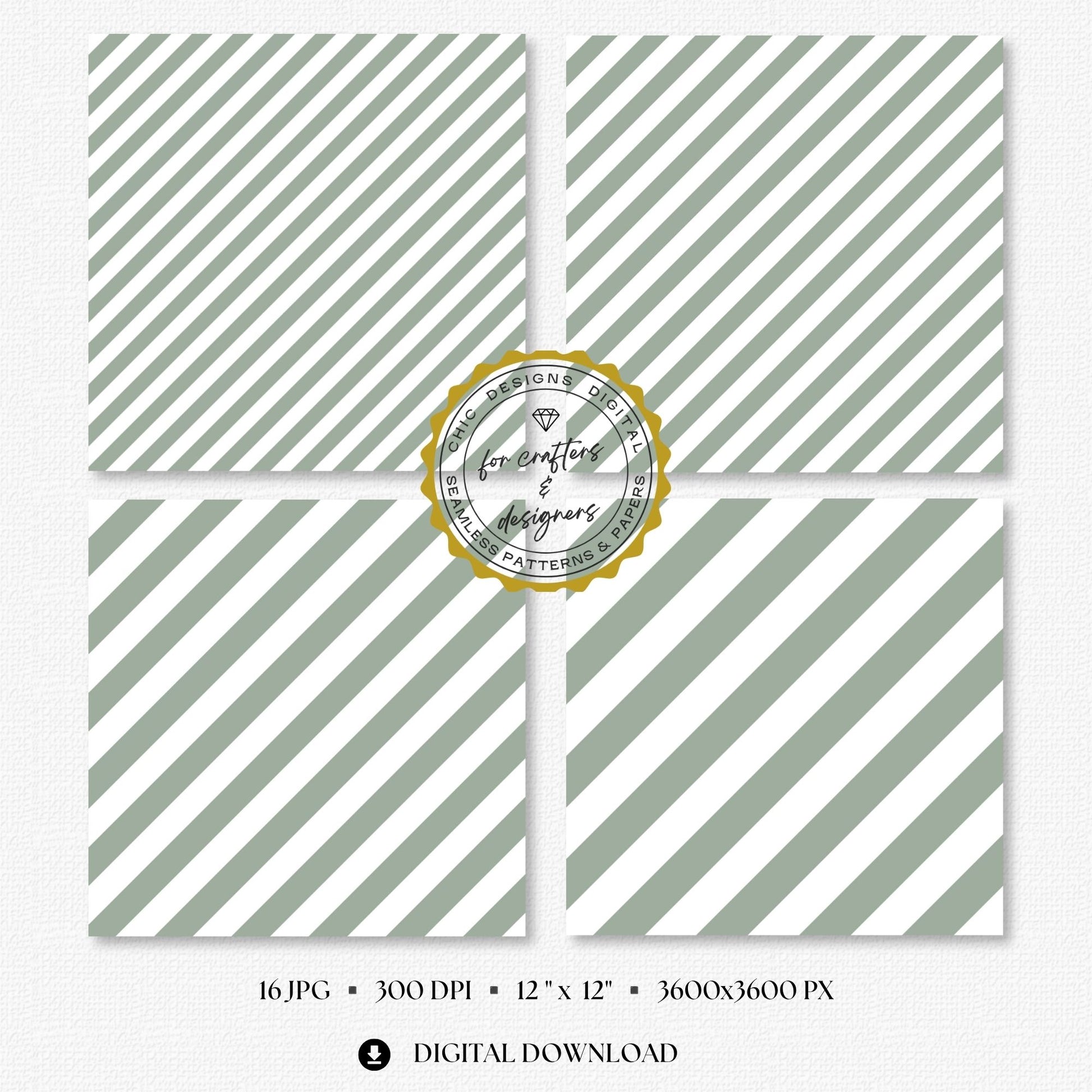 Four sage green and white stripe papers showing medium and wide diagonal stripe variations.
