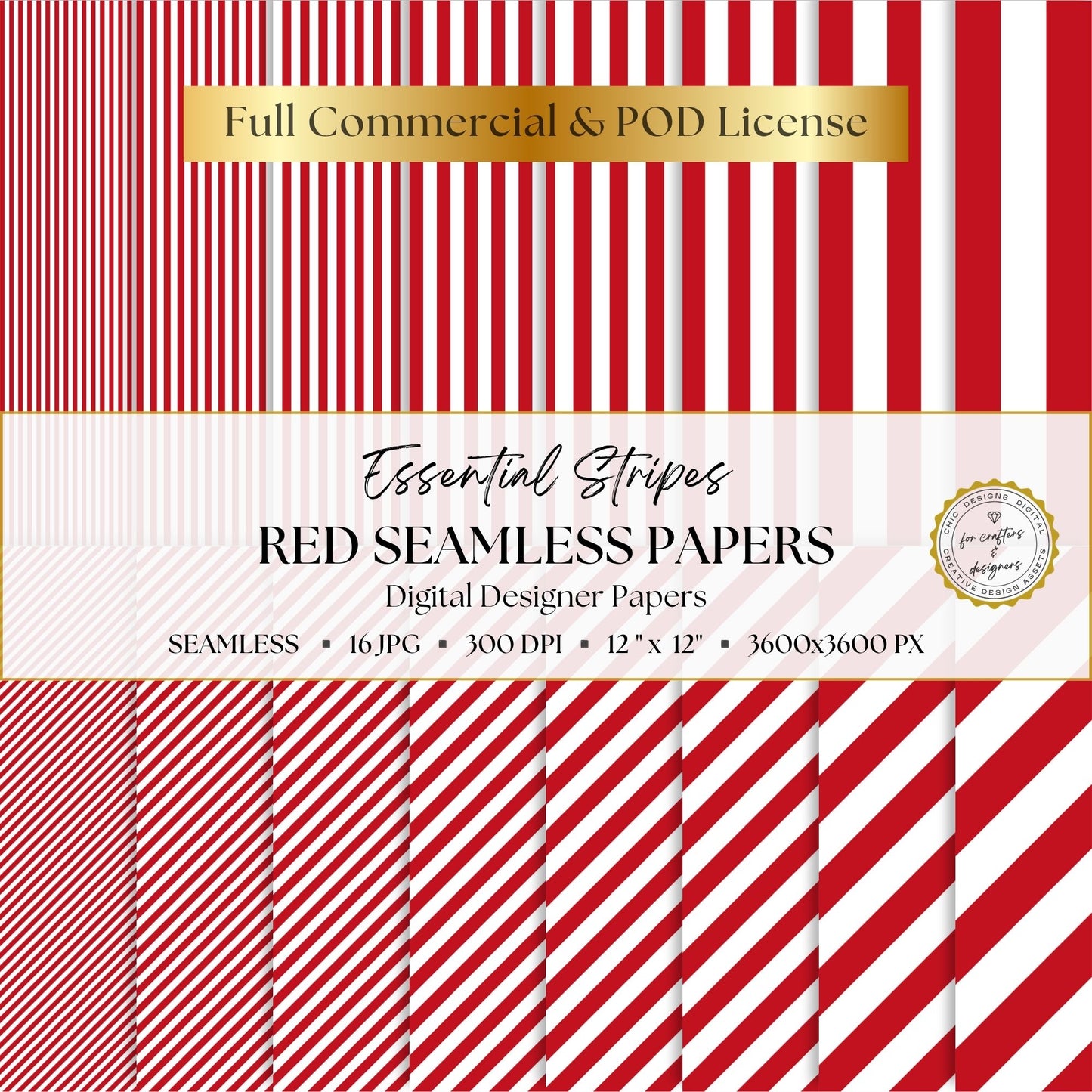 Red Essential Stripes digital paper pack cover showing 16 red and white seamless stripe patterns in straight and diagonal designs.