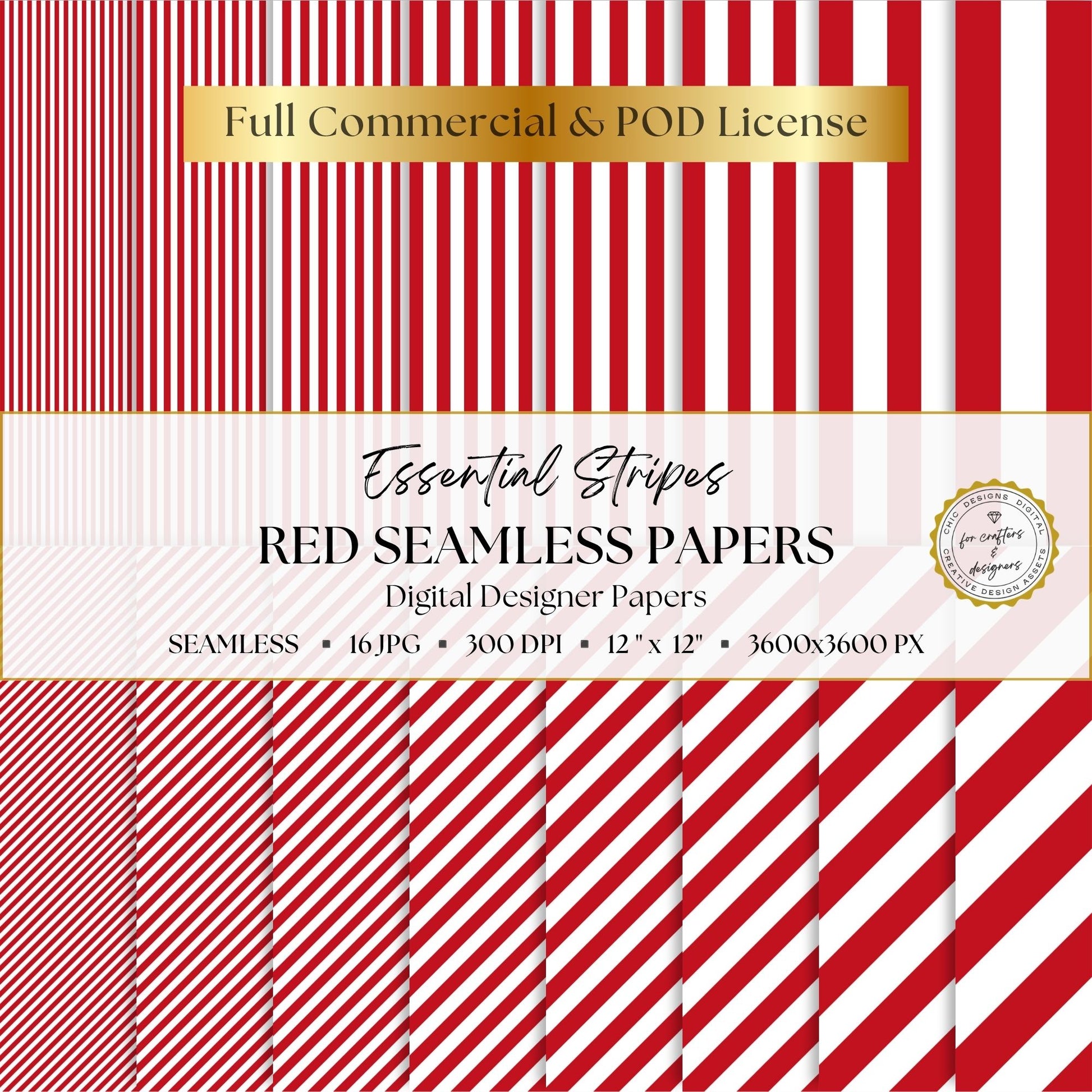 Red Essential Stripes digital paper pack cover showing 16 red and white seamless stripe patterns in straight and diagonal designs.
