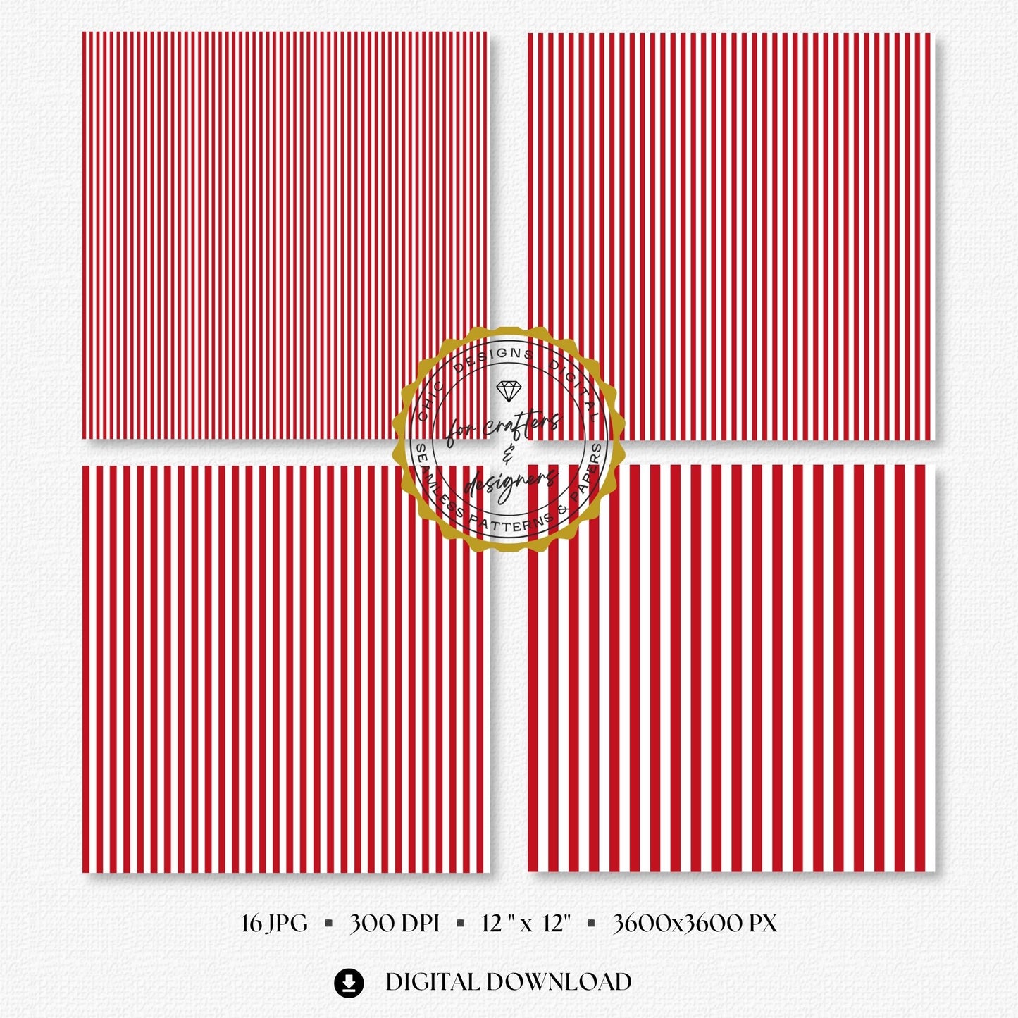 Four red and white fine stripe papers showing narrow straight vertical stripe variations.