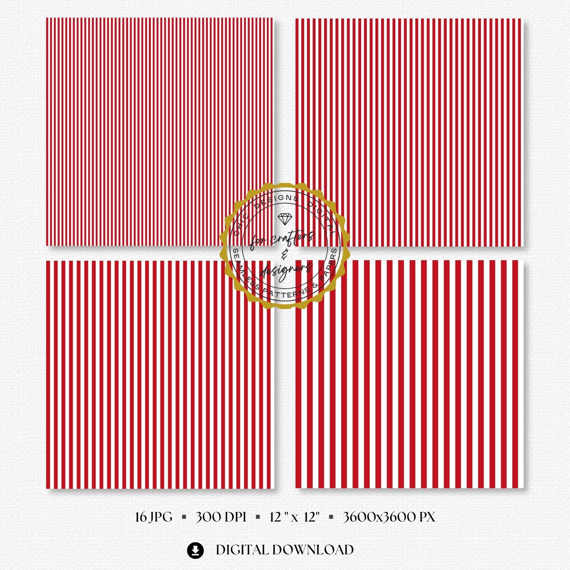 Four red and white fine stripe papers showing narrow straight vertical stripe variations.