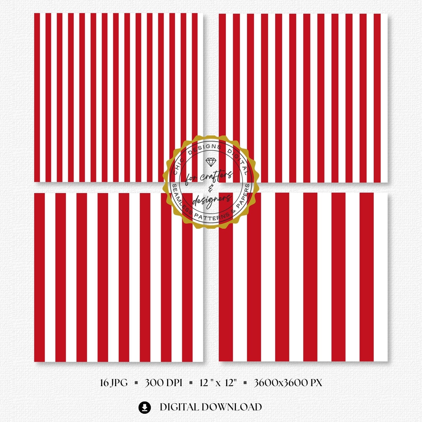 Four red and white stripe papers showing medium and wide straight vertical stripe variations.