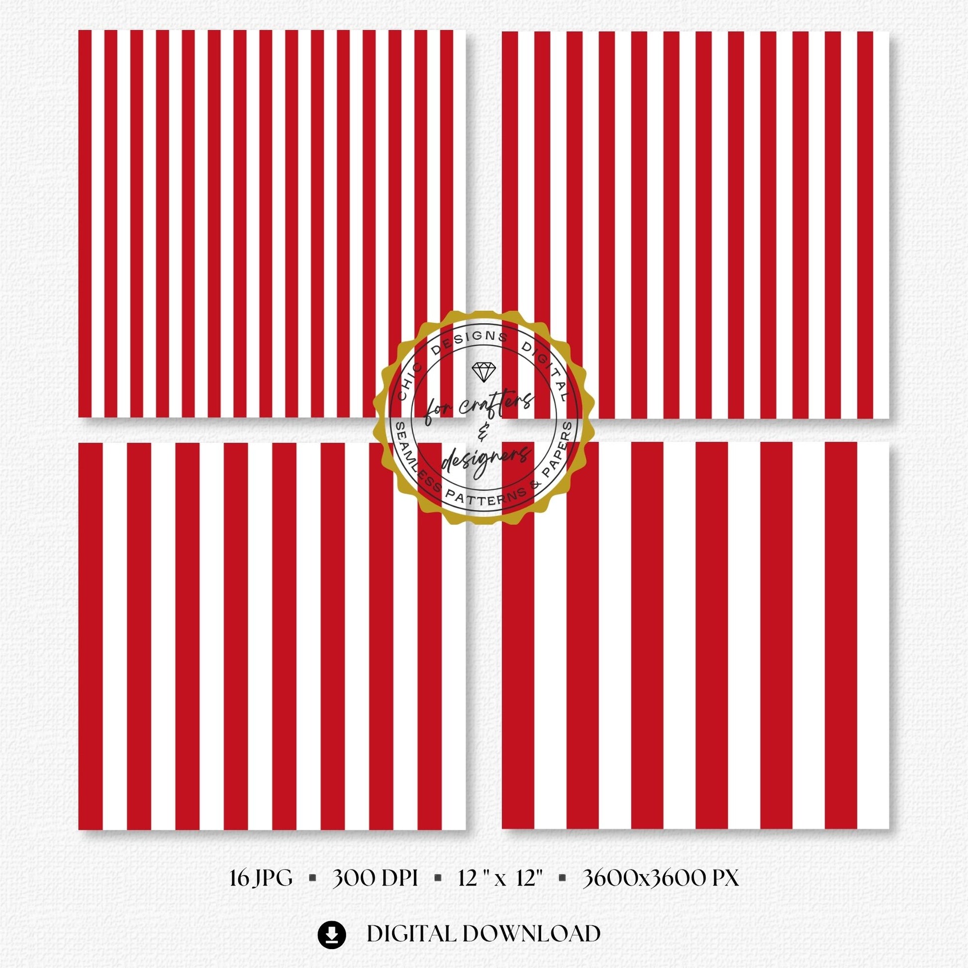Four red and white stripe papers showing medium and wide straight vertical stripe variations.