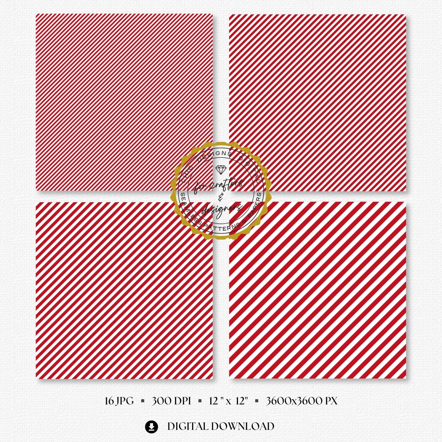 Four red and white fine stripe papers showing narrow diagonal stripe variations.