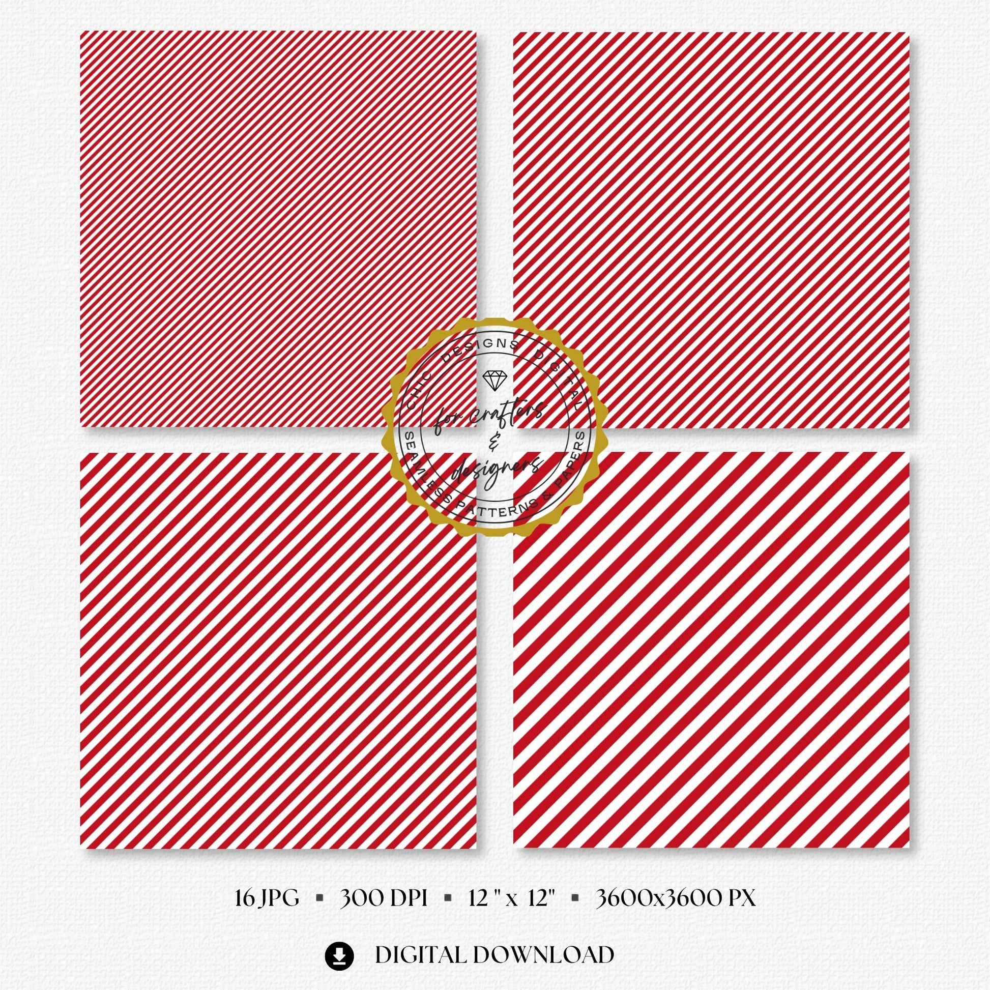 Four red and white fine stripe papers showing narrow diagonal stripe variations.