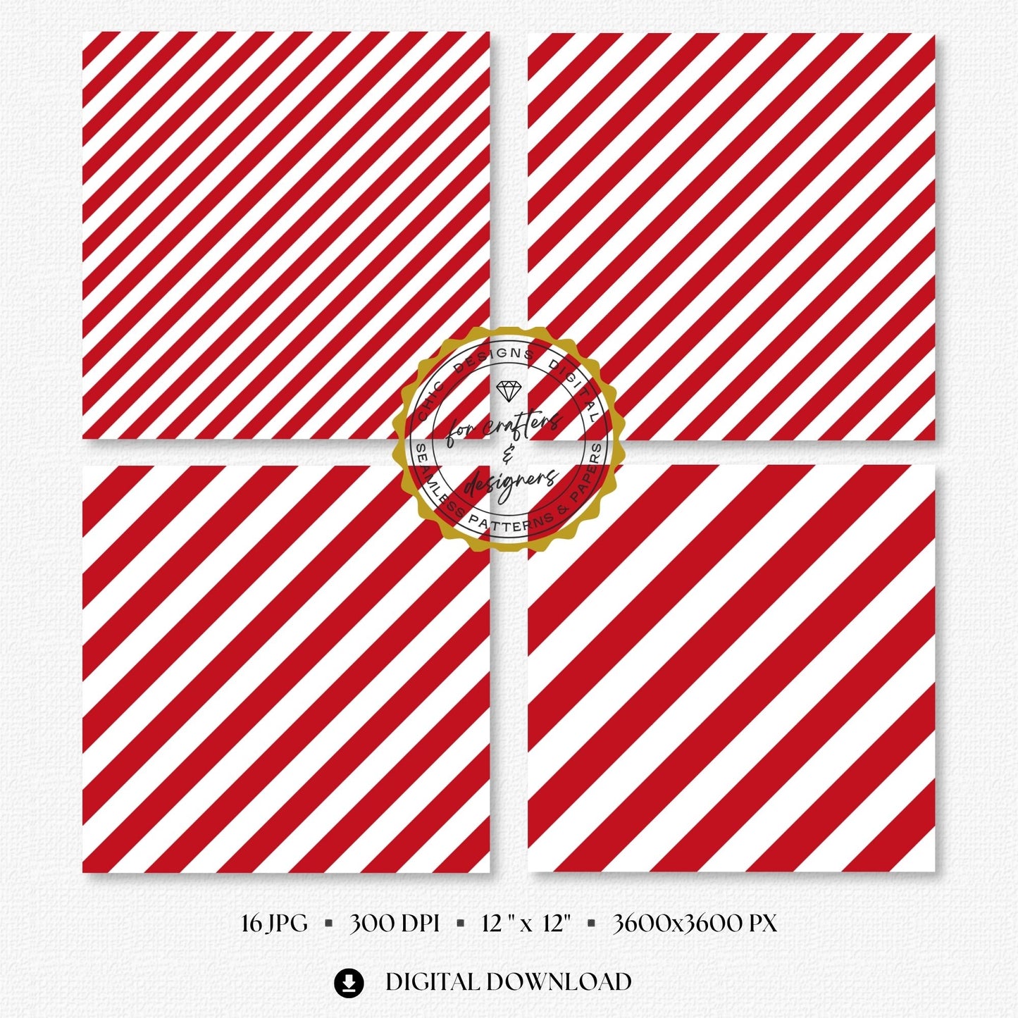 Four red and white stripe papers showing medium and wide diagonal stripe variations.