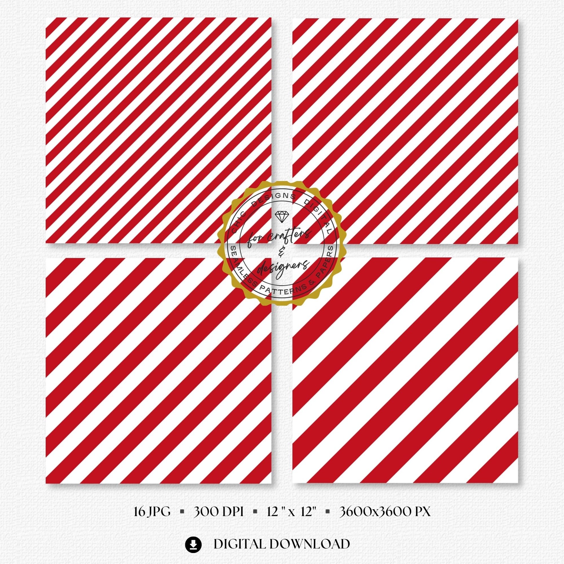 Four red and white stripe papers showing medium and wide diagonal stripe variations.