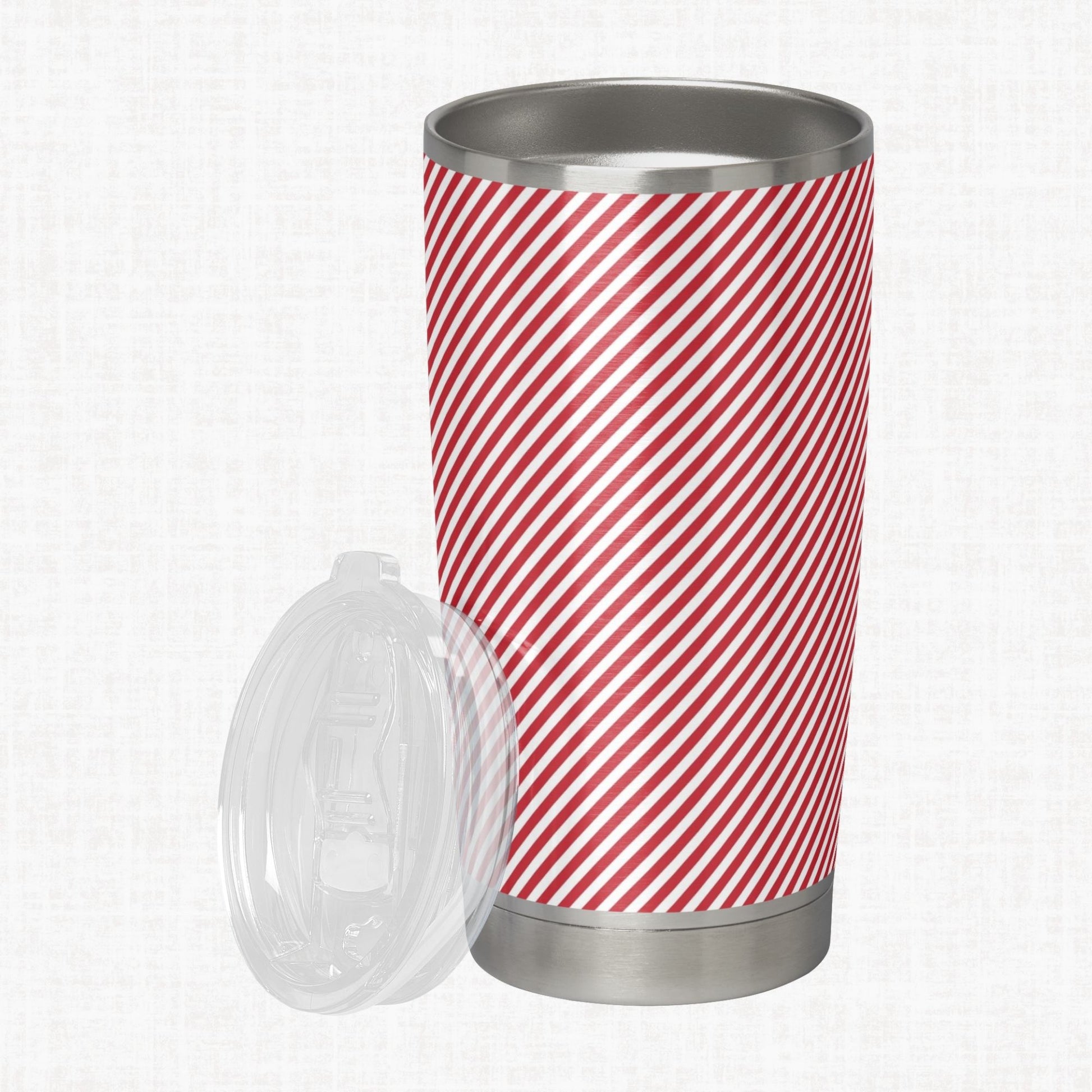 Red and white wide diagonal stripe pattern shown on a stainless steel tumbler as a product-use example.