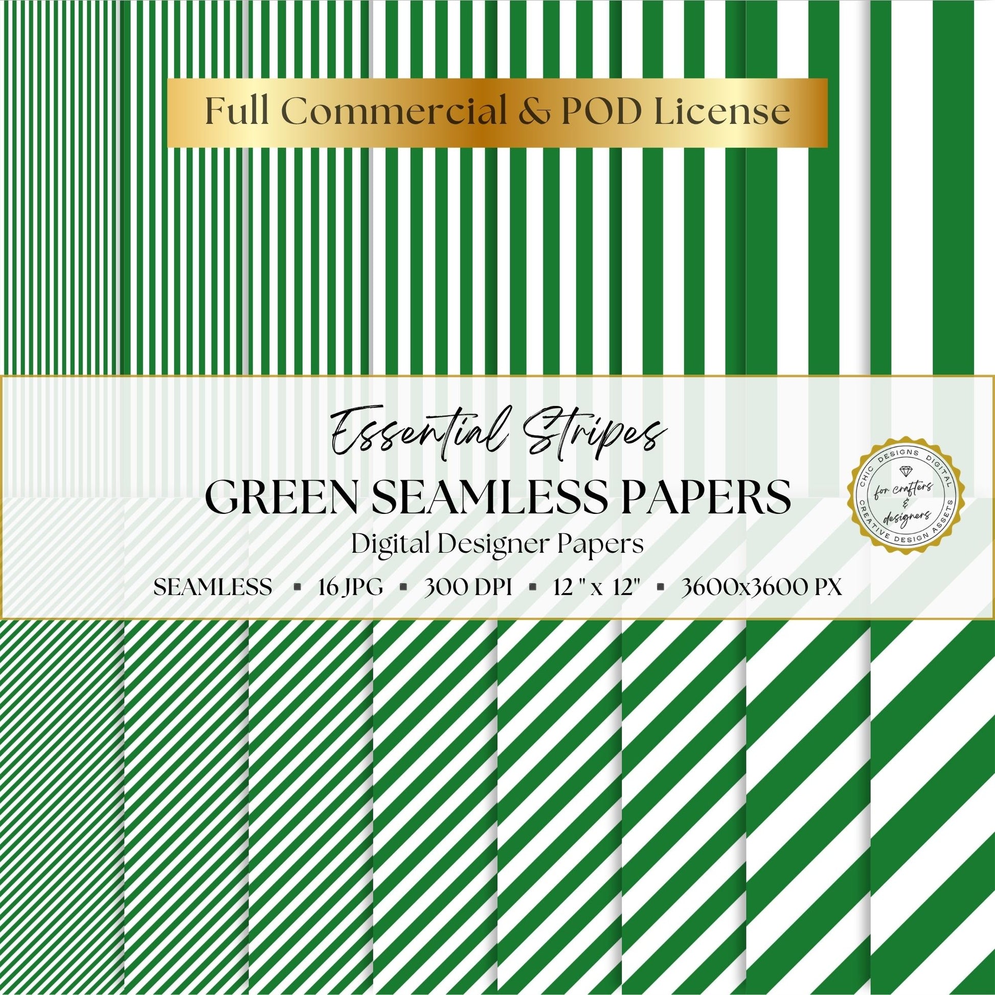 Green Essential Stripes digital paper pack cover showing 16 green and white seamless stripe patterns in straight and diagonal designs.
